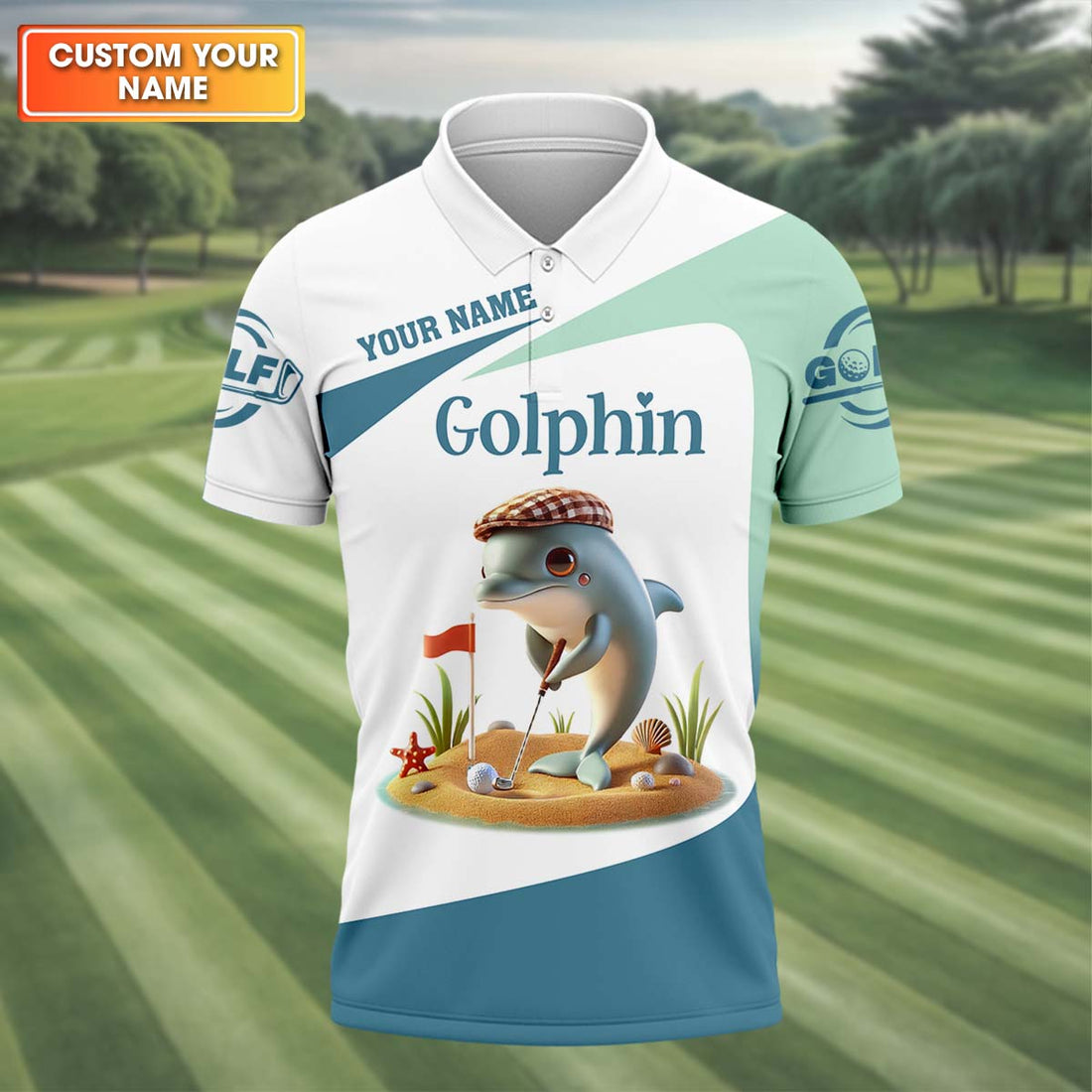 Golfin’ Dolphin Custom Golf Polo Shirt, Golfing Apparel, Mens Golf Gift, Funny Golf Polo Shirt