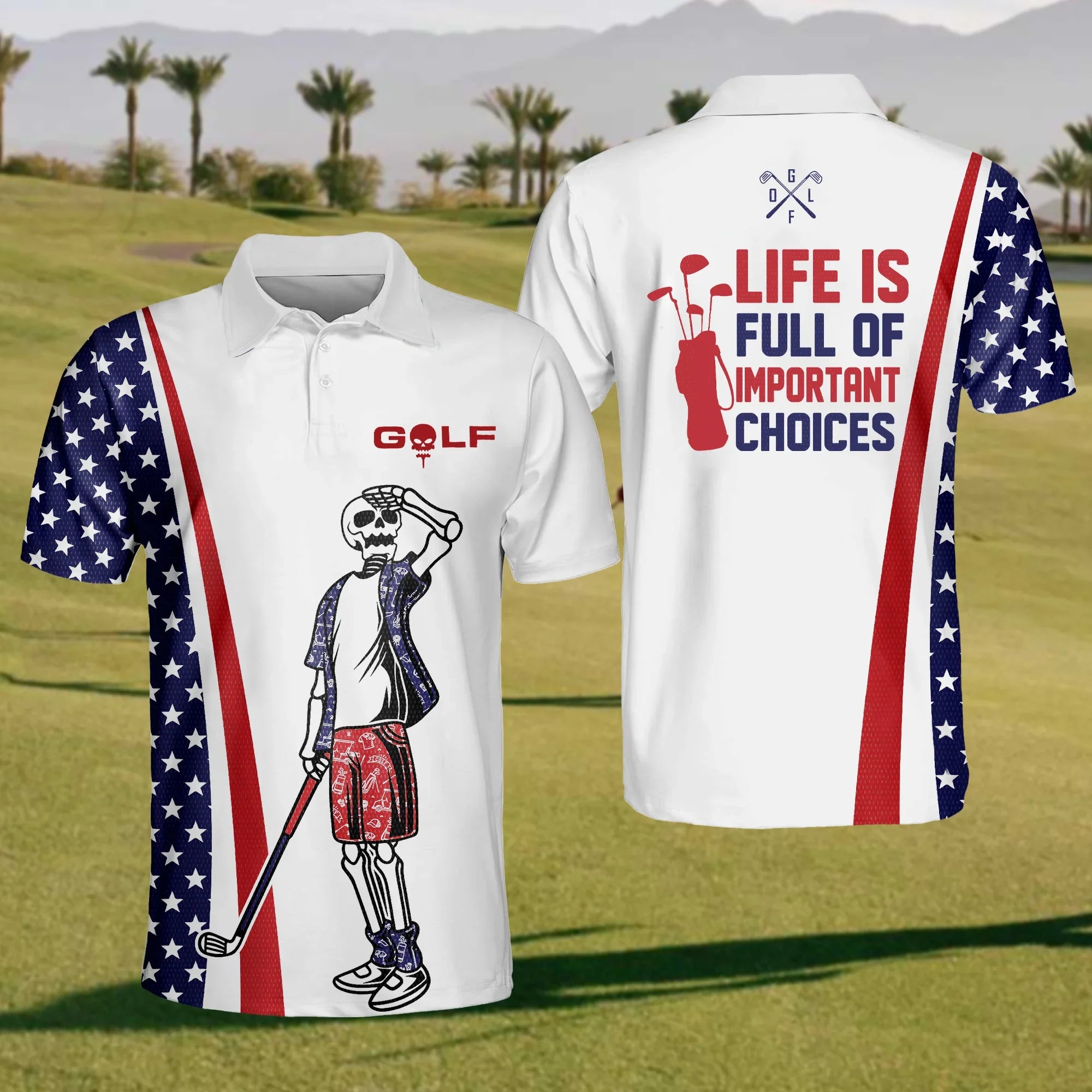 American Flag And Skull Golfer Men's Golf Polo Shirt, Funny Golf Shirt, Gift For Golfers