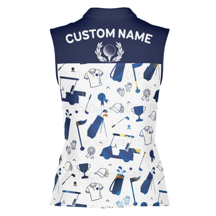 Women's White And Blue Patterned Golf Polos, Womens Sleeveless Golf Shirts, Cute Womens Golf Clothes