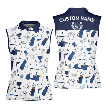 Women's White And Blue Patterned Golf Polos, Womens Sleeveless Golf Shirts, Cute Womens Golf Clothes