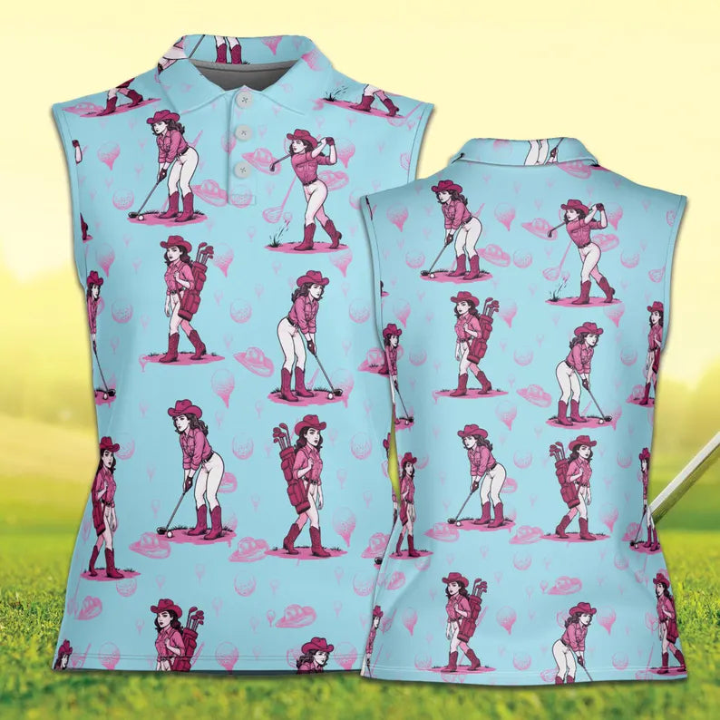 Western Golf Shirts Women, Cowgirl Patterned Golf Shirts, Vintage Cowgirl Womens Golf Tops