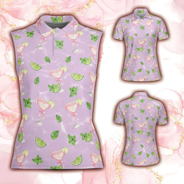 Margarita Golf Shirt For Women, Coquette Aesthetic Womens Golf Tops, Pink Drink Patterned Golf Shirts