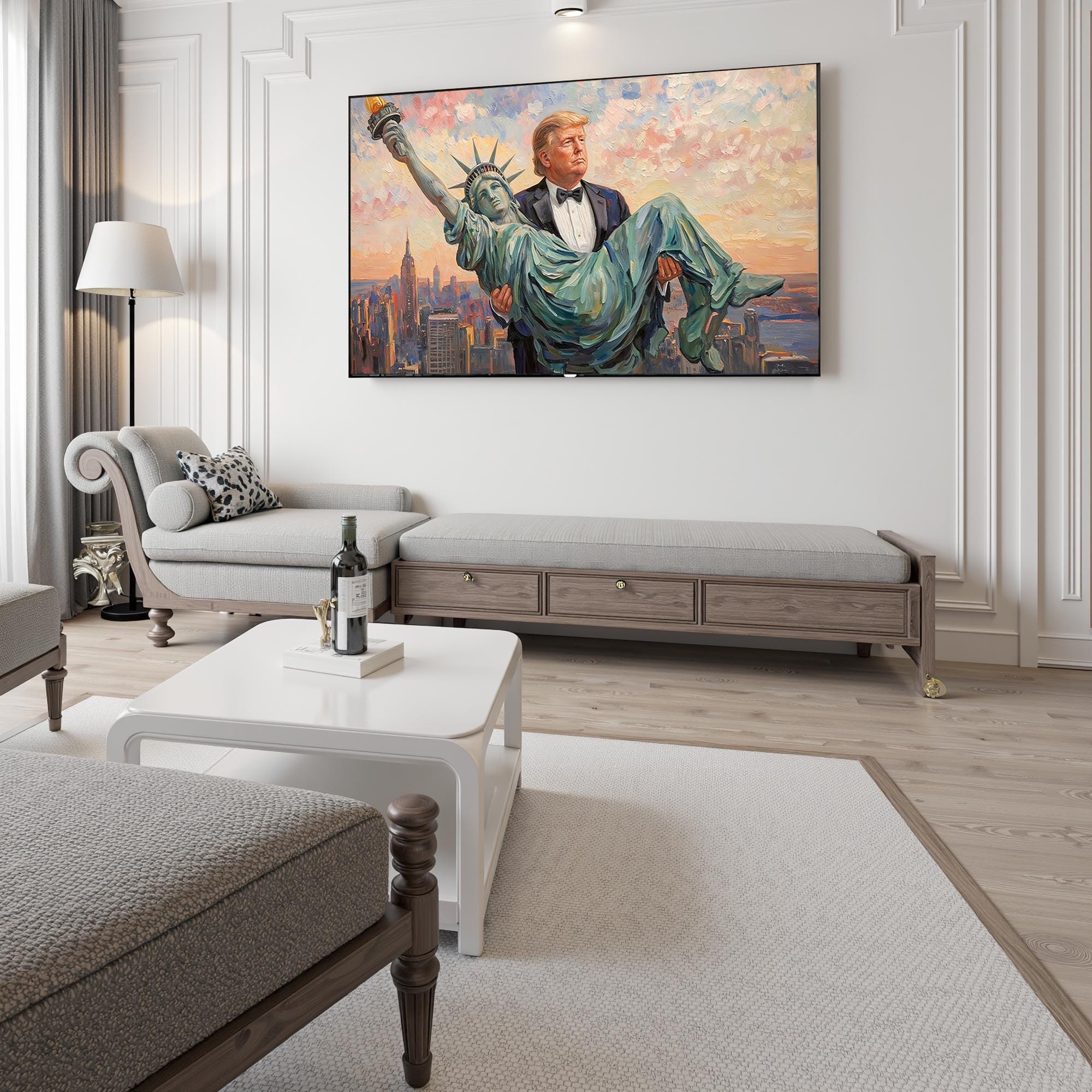 Trump Carrying The Statue of Liberty Canvas Wall Art, Funny Patriotic Art, Trump Gifts