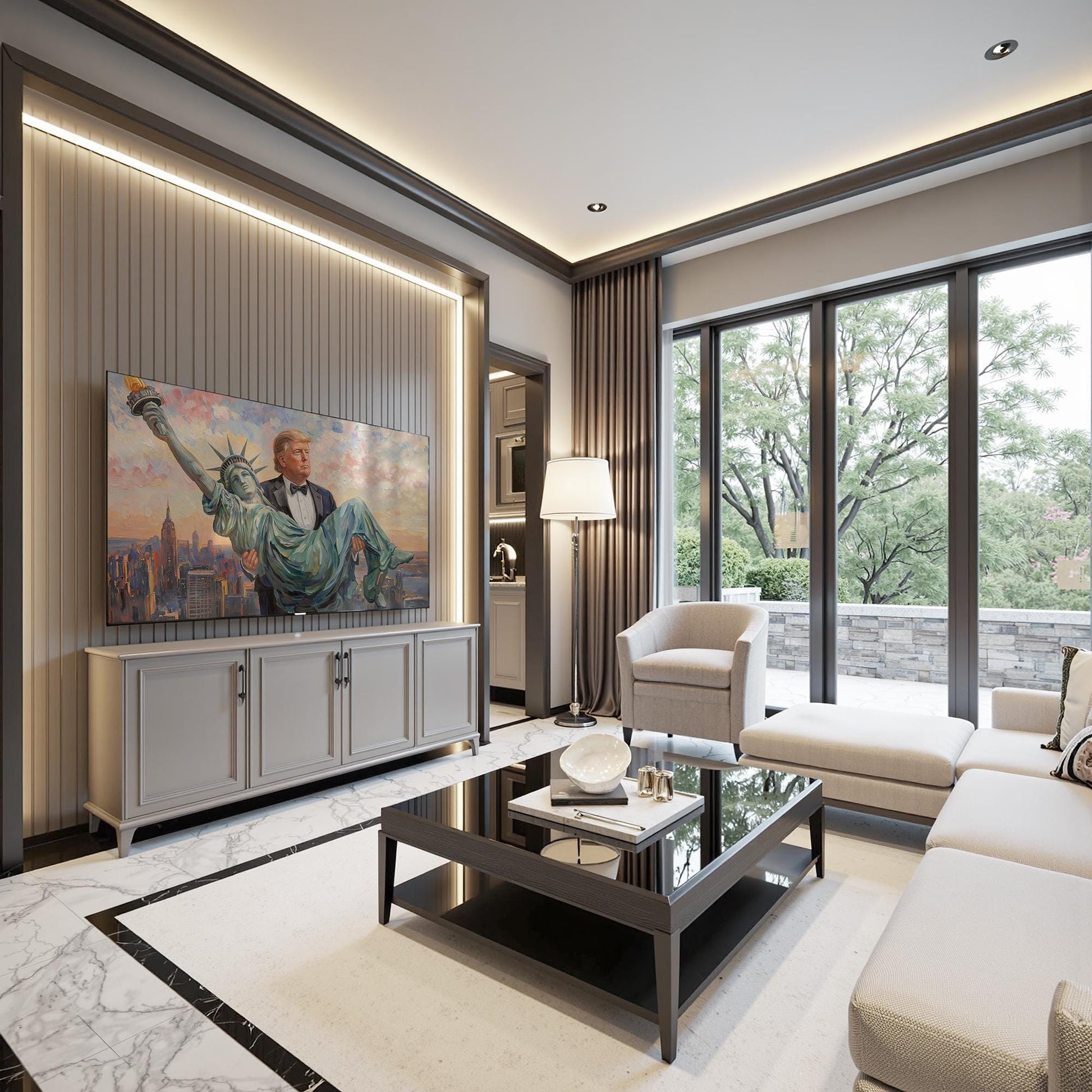 Trump Carrying The Statue of Liberty Canvas Wall Art, Funny Patriotic Art, Trump Gifts