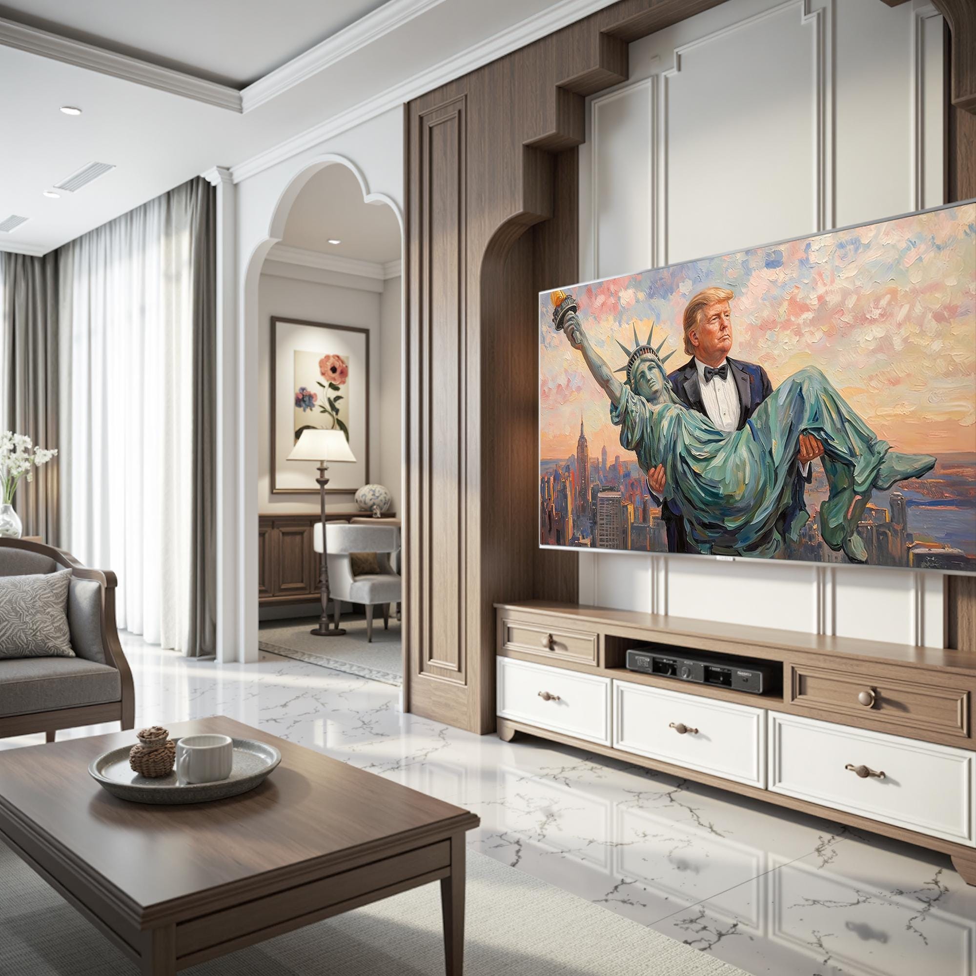 Trump Carrying The Statue of Liberty Canvas Wall Art, Funny Patriotic Art, Trump Gifts