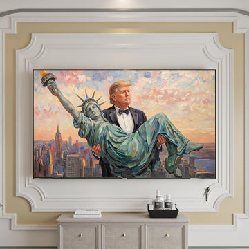 Trump Carrying The Statue of Liberty Canvas Wall Art, Funny Patriotic Art, Trump Gifts