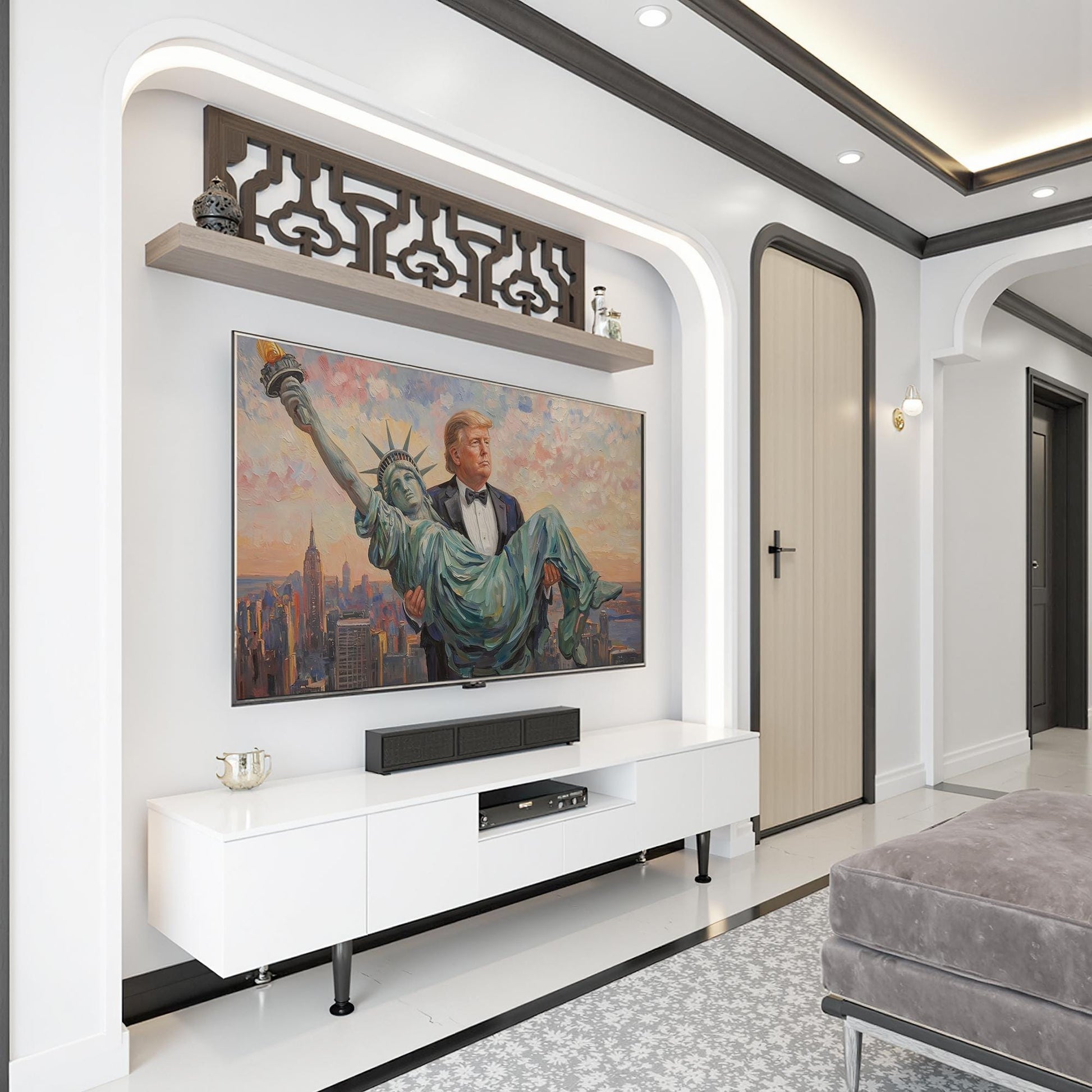 Trump Carrying The Statue of Liberty Canvas Wall Art, Funny Patriotic Art, Trump Gifts