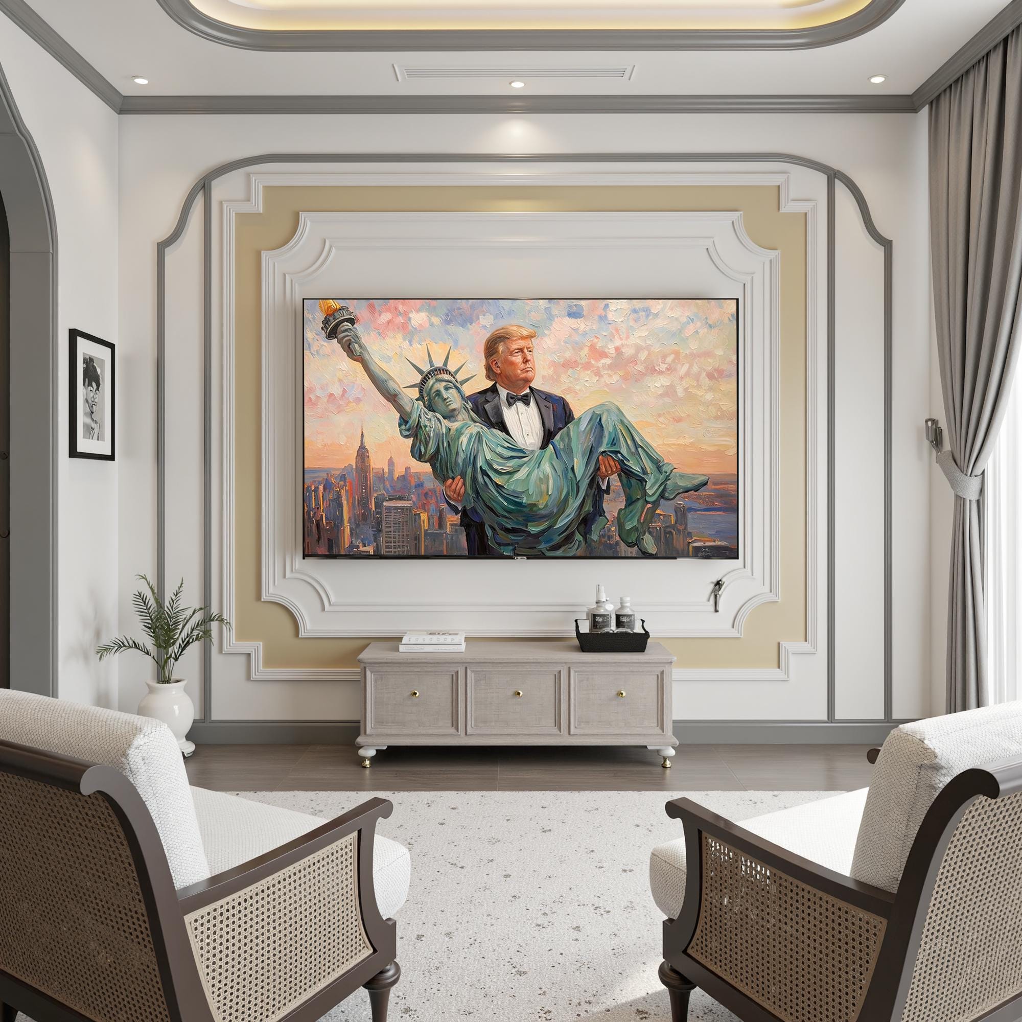 Trump Carrying The Statue of Liberty Canvas Wall Art, Funny Patriotic Art, Trump Gifts