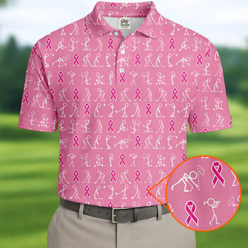Funny Stick Figure Men's Golf Shirt, Breast Cancer Awareness Shirt, Pink Golf Shirt, Golf Shirts For Men
