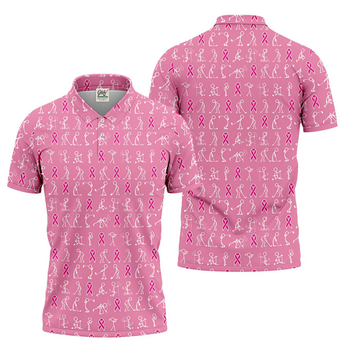 Funny Stick Figure Men's Golf Shirt, Breast Cancer Awareness Shirt, Pink Golf Shirt, Golf Shirts For Men