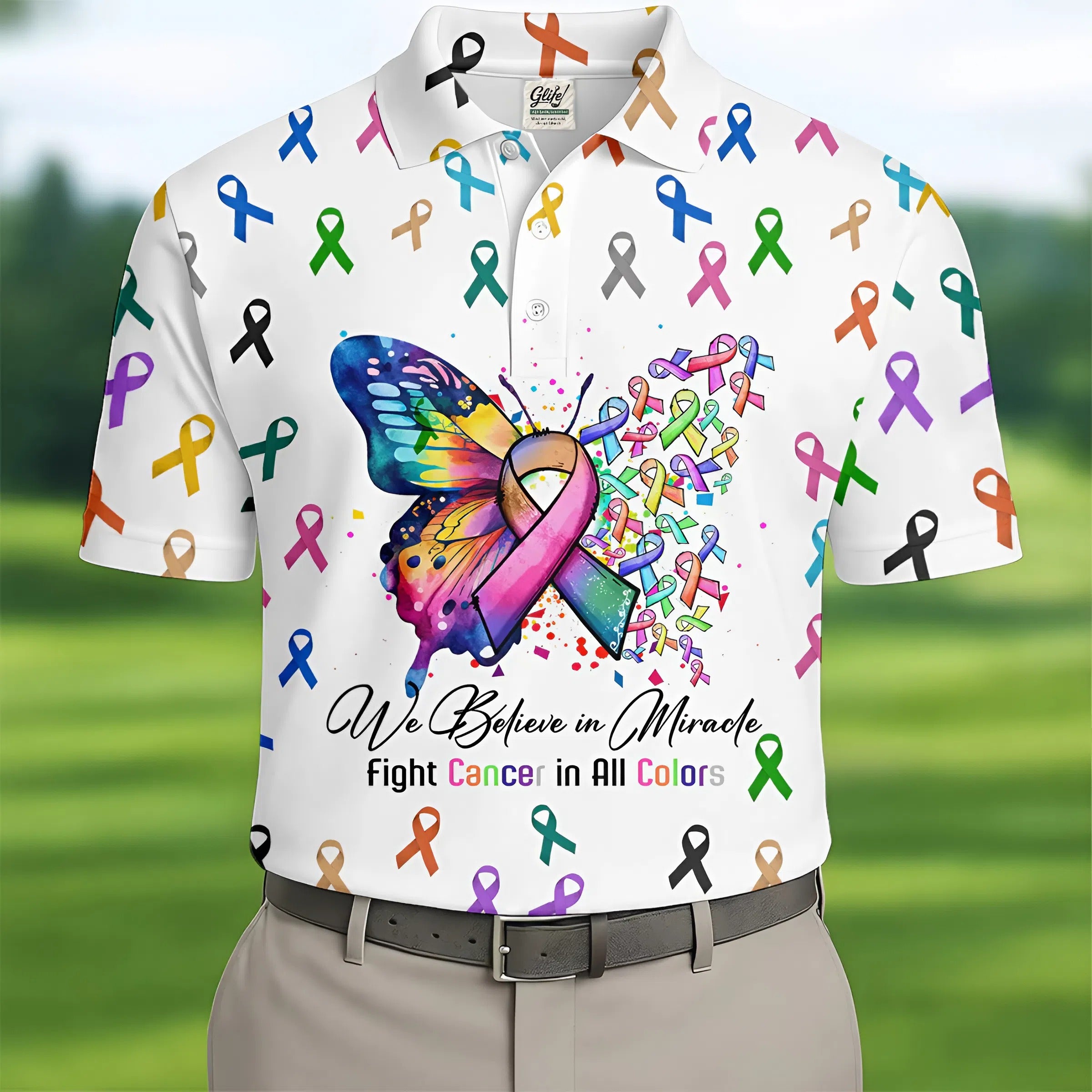Fight Cancer In All Color Men's Polo Shirt, Cancer Awareness Shirt, Cancer Fighter Shirt, Golf Gift For Men