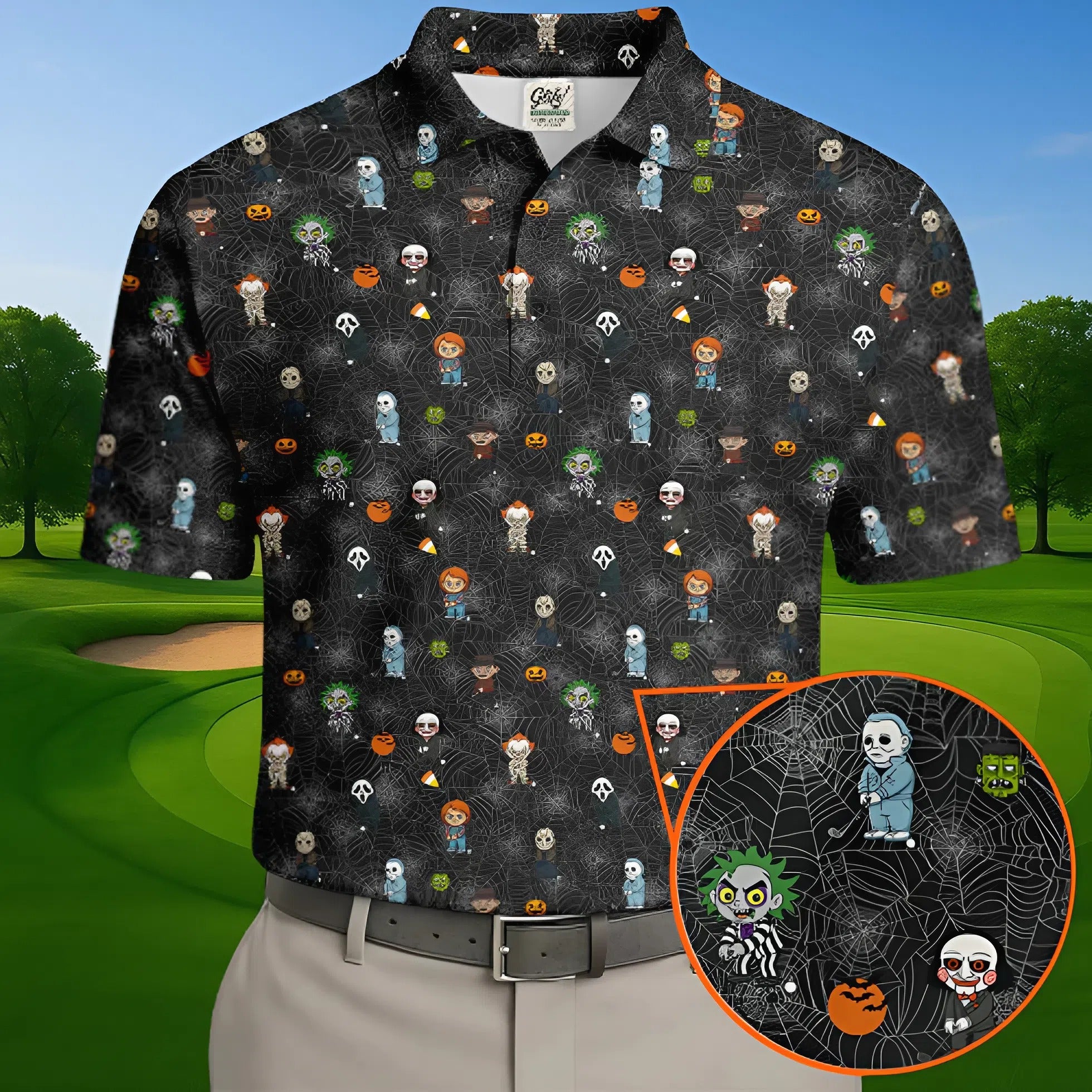 Funny Horror Character Black Golf Polo Shirt, Horror Movie Shirt, Halloween Golf Shirt, Fun Golf Polos For Men
