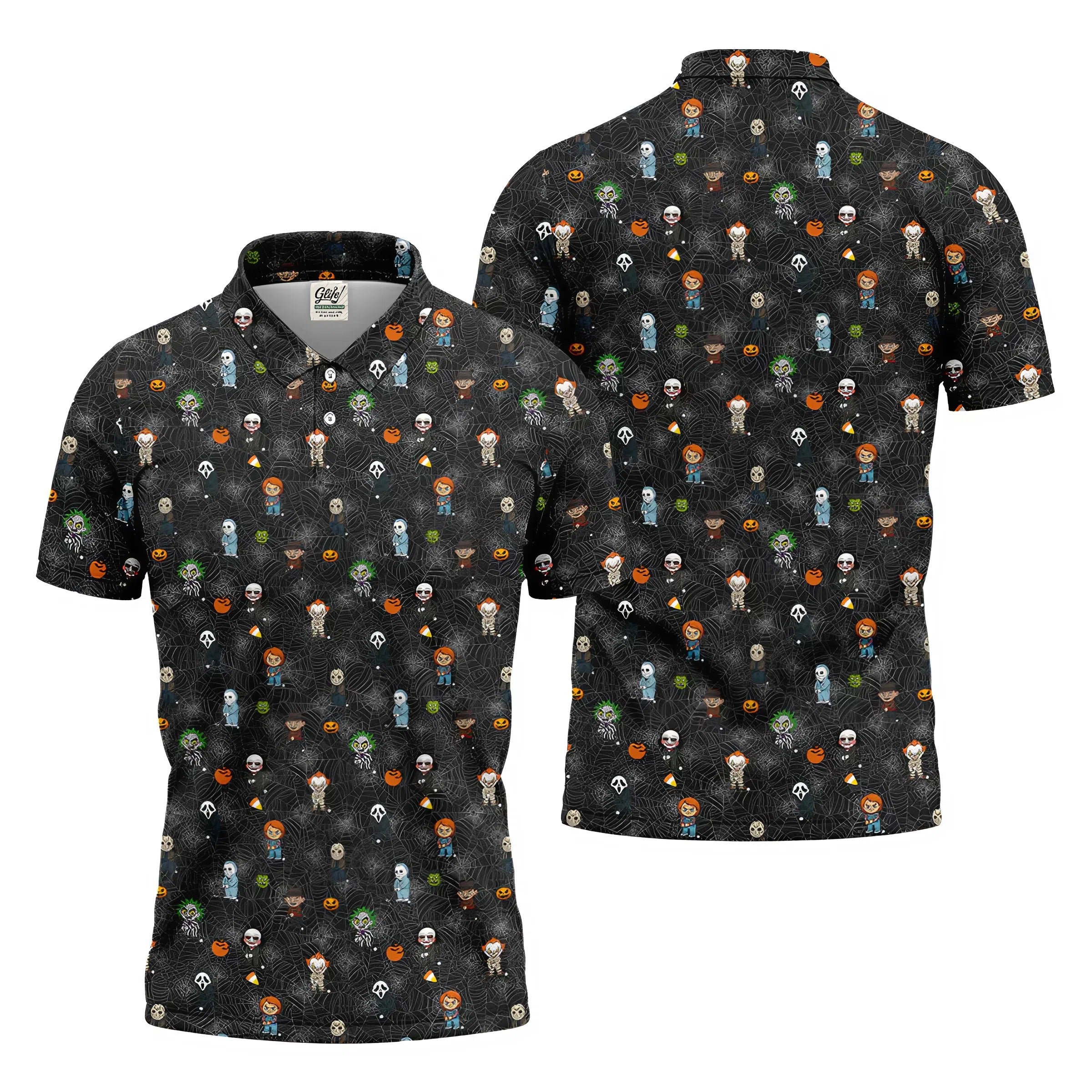 Funny Horror Character Black Golf Polo Shirt, Horror Movie Shirt, Halloween Golf Shirt, Fun Golf Polos For Men
