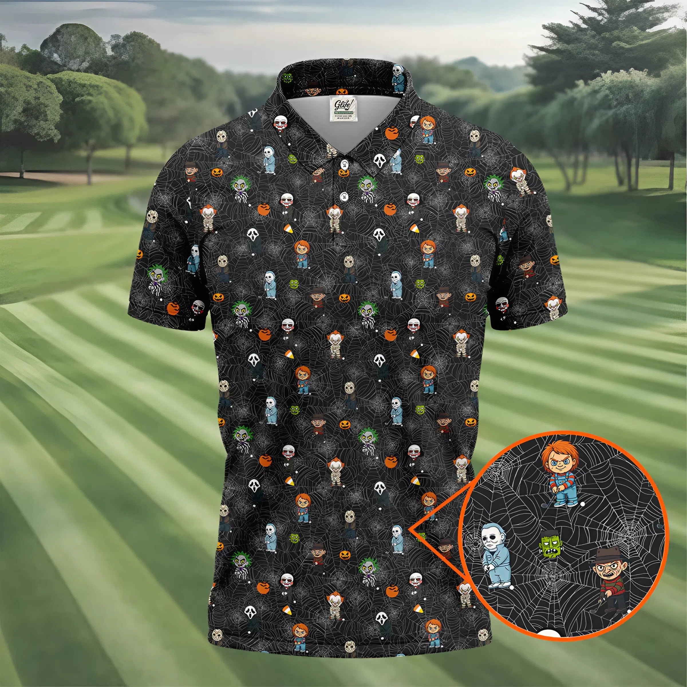 Funny Horror Character Black Golf Polo Shirt, Horror Movie Shirt, Halloween Golf Shirt, Fun Golf Polos For Men