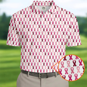Pink Ribbon Men's Golf Shirt, Pink Golf Shirt Men, Breast Cancer Golf Shirt, Breast Cancer Awareness Shirt
