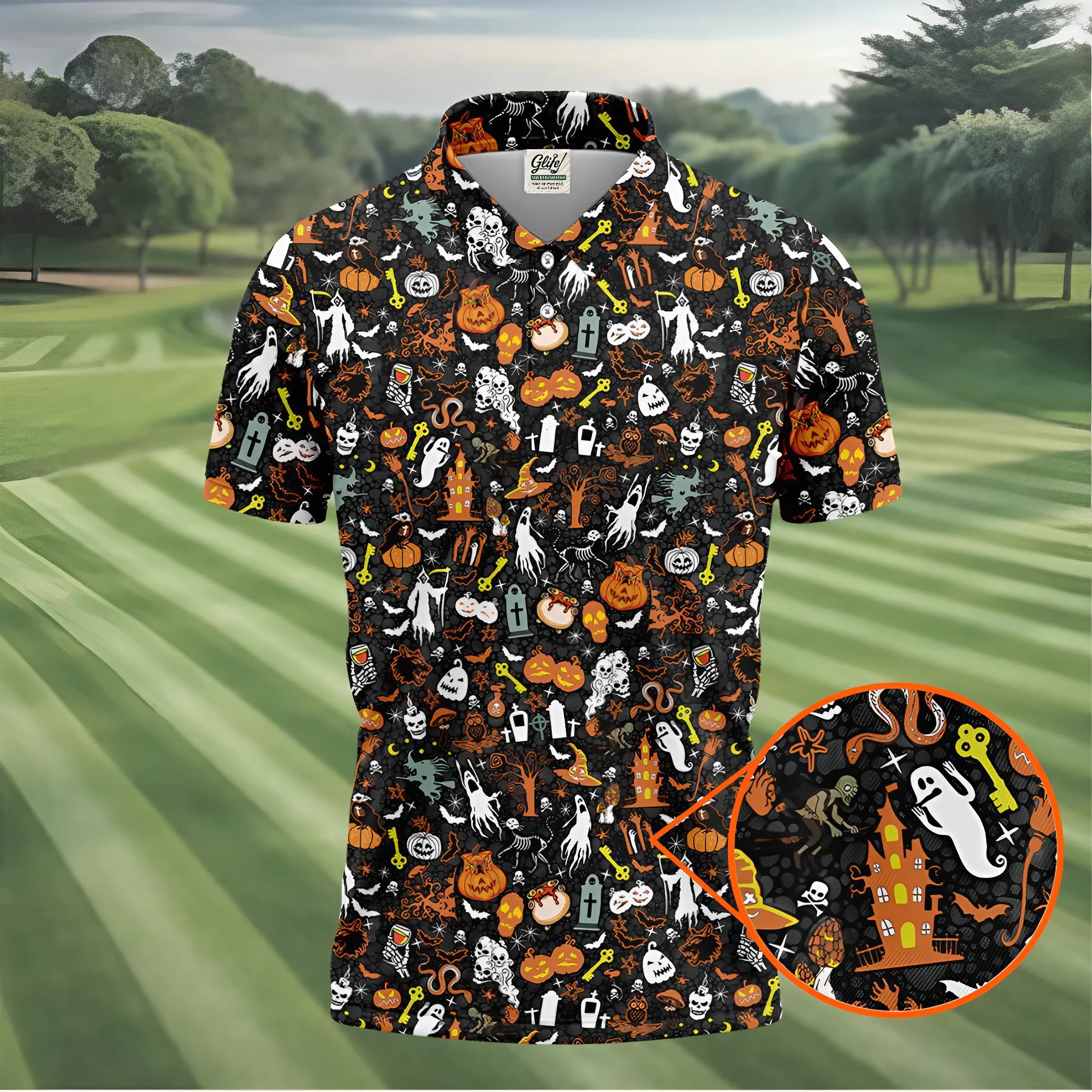 Trick or Treat Spooky Ghost Pumpkin Men's Golf Shirt, Halloween Golf Shirt, Fun Golf Shirts For Mens
