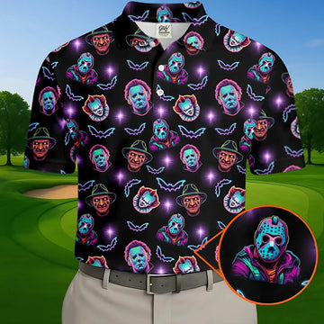 Funny Horror Movie Men's Golf Shirt, Horror Character Neon Shirt, Halloween Golf Shirt, Men Golf Gift
