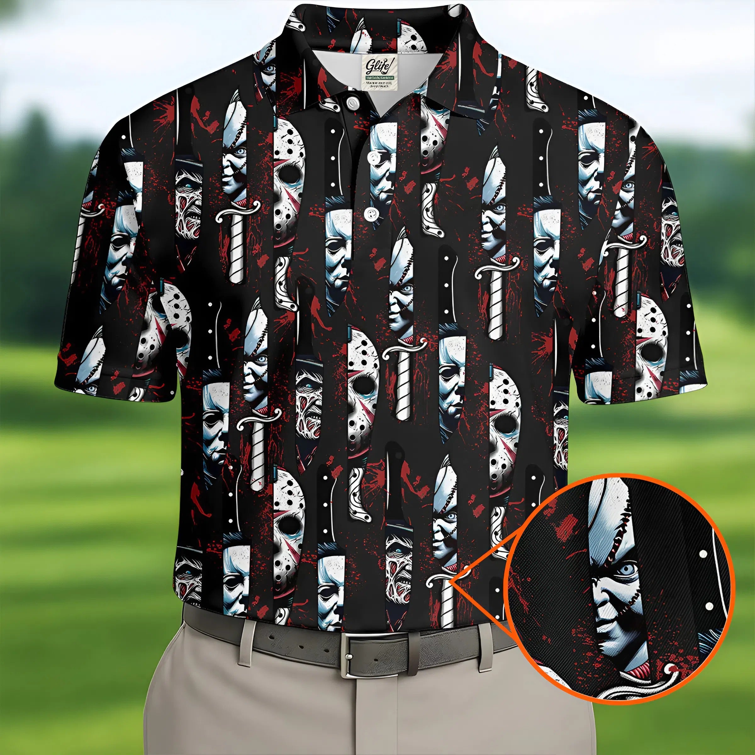 Horror Character Men's Golf Shirt, Horror Movie Shirt, Halloween Golf Shirt, Men Golf Gifts