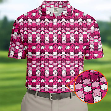 Funny Pink Ribbon Men's Polo Shirt, Breast Cancer Awareness Shirt, Fun Men Golf Shirts