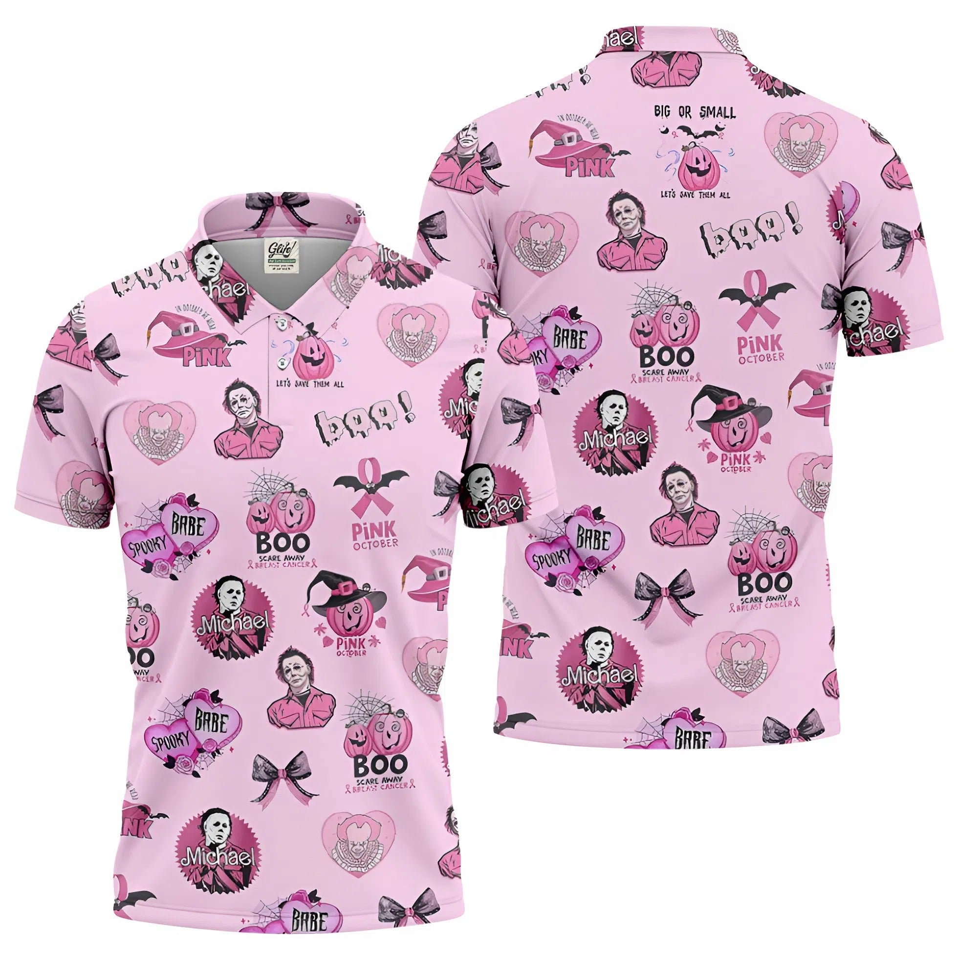 Funny Michael Horror Character Men's Golf Shirt, Pink October Shirt, Halloween Golf Shirt, Men's Golf Shirt