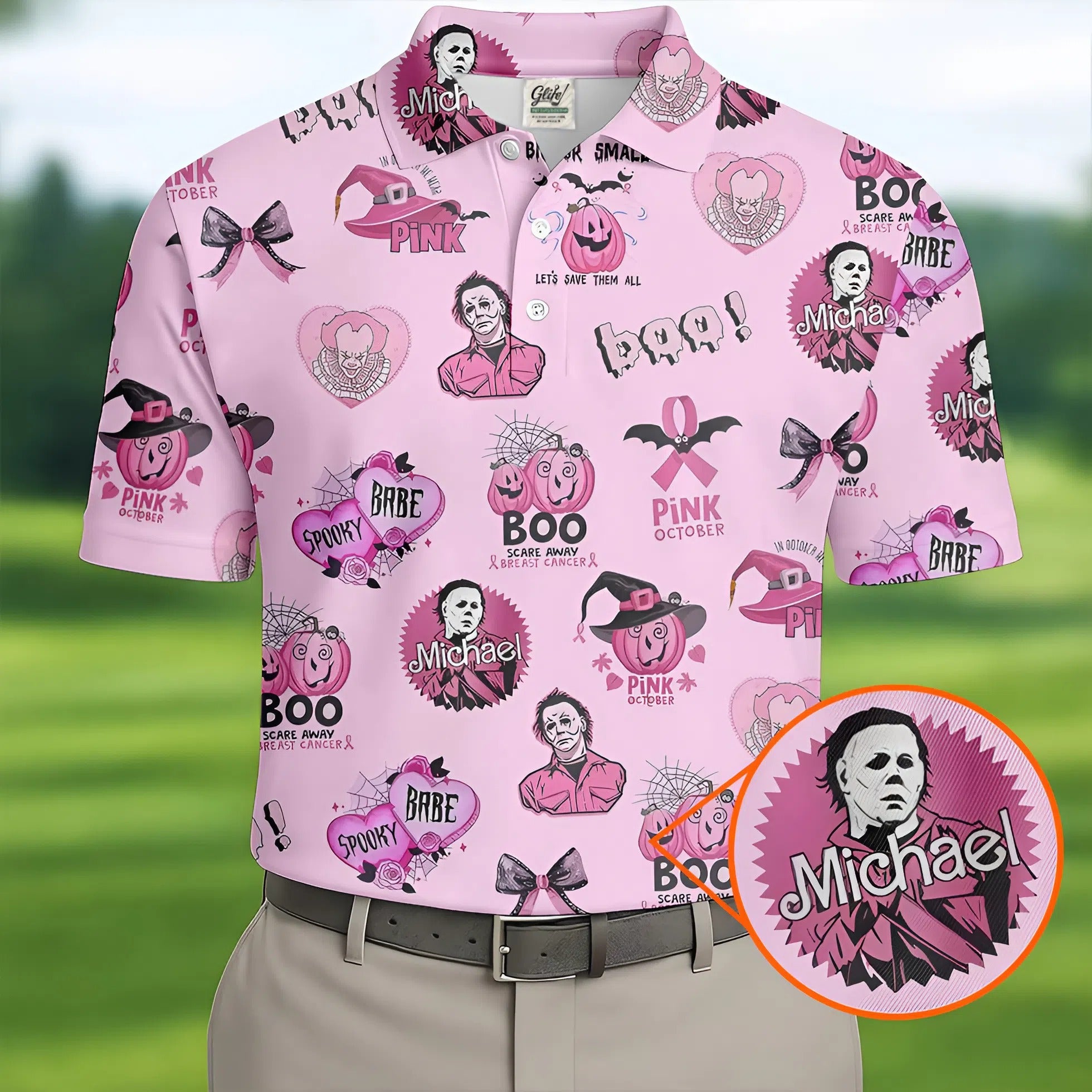 Funny Michael Horror Character Men's Golf Shirt, Pink October Shirt, Halloween Golf Shirt, Men's Golf Shirt