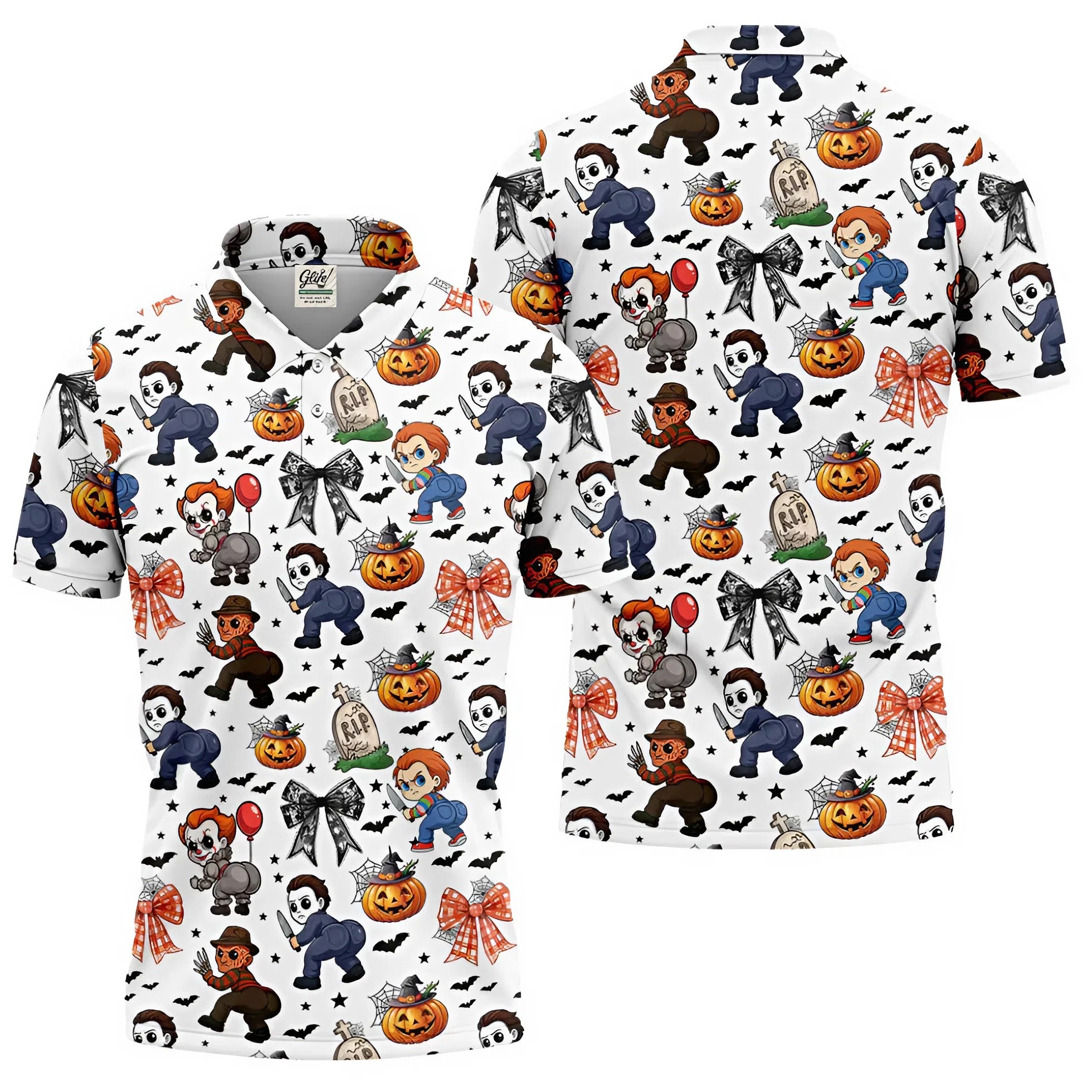 Funny Horror Character Men's Golf Shirt, Horror Movie Halloween Shirt, Halloween Golf Shirt, Men Golf Gift