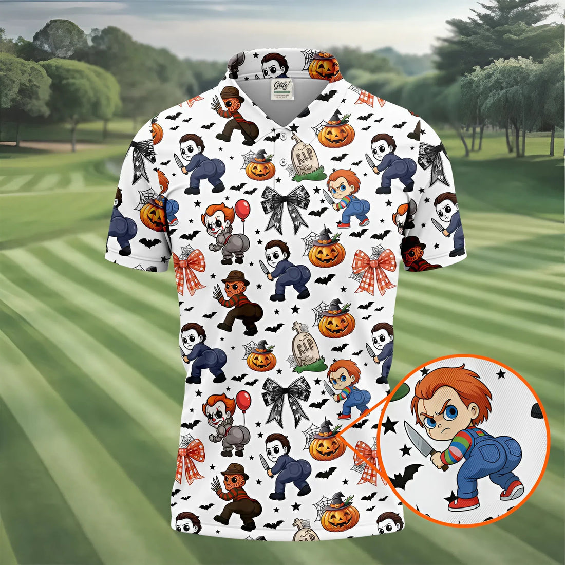 Funny Horror Character Men's Golf Shirt, Horror Movie Halloween Shirt, Halloween Golf Shirt, Men Golf Gift