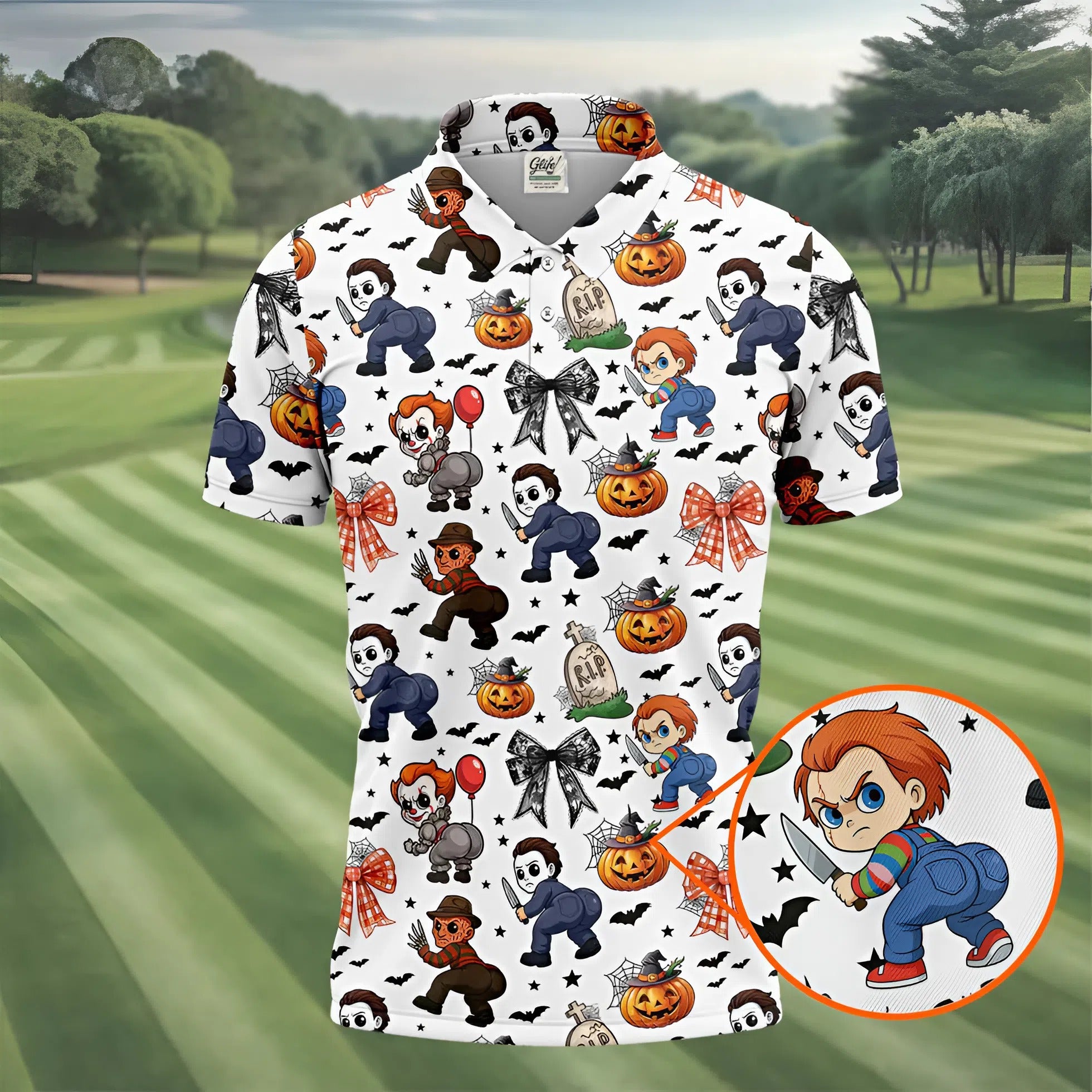 Funny Horror Character Men's Golf Shirt, Horror Movie Halloween Shirt, Halloween Golf Shirt, Men Golf Gift
