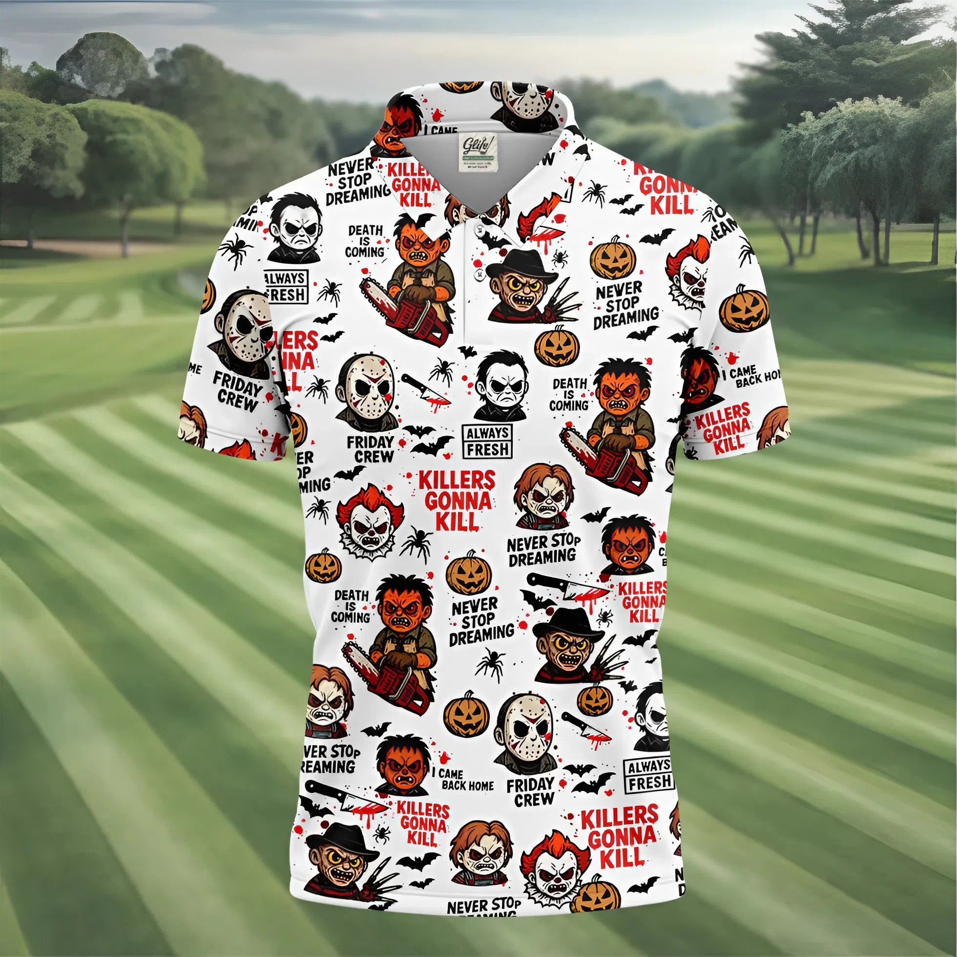 Classic Horror Characters Halloween Golf Shirt, Men's Golf Polo Shirts, Horror Movie Shirt