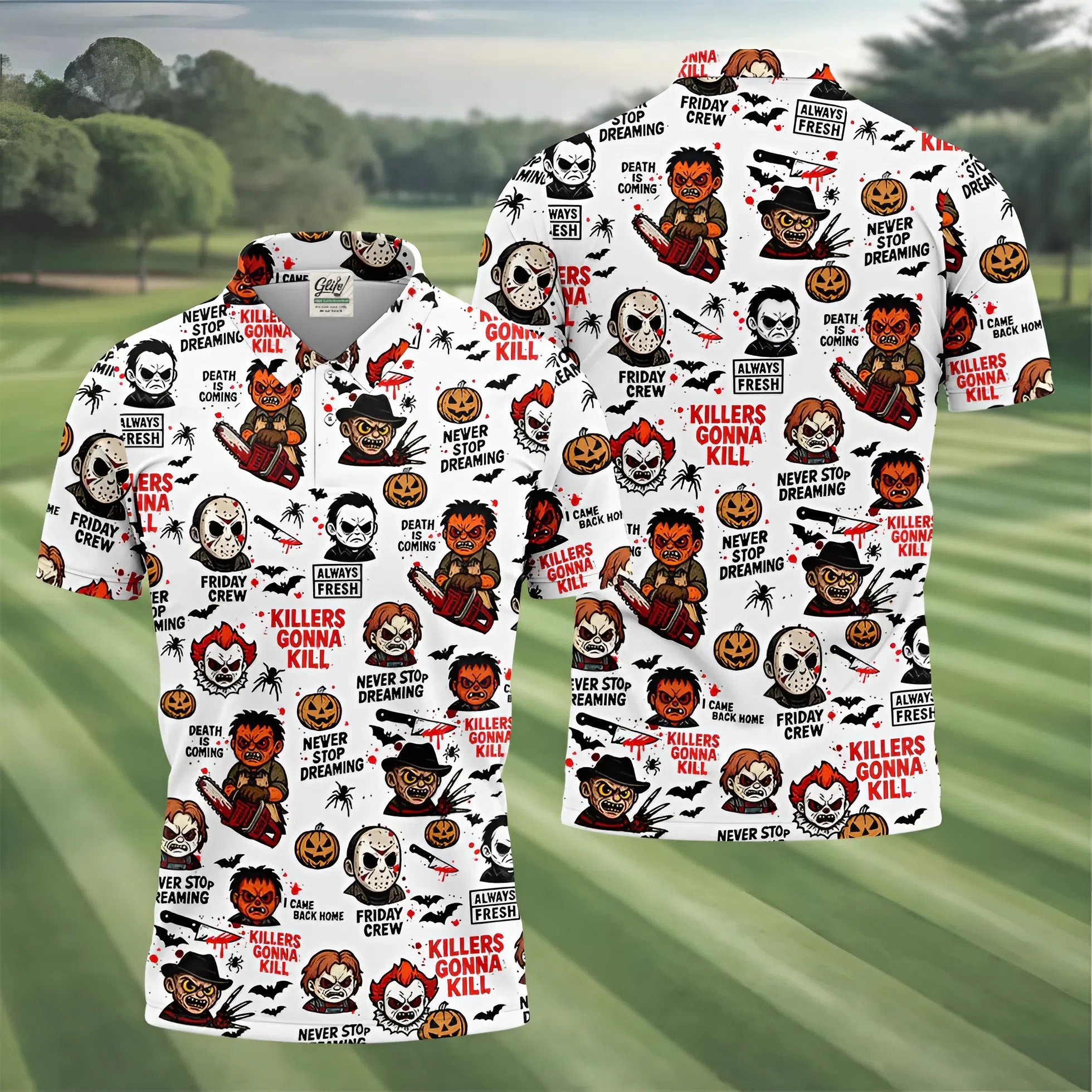 Classic Horror Characters Halloween Golf Shirt, Men's Golf Polo Shirts, Horror Movie Shirt