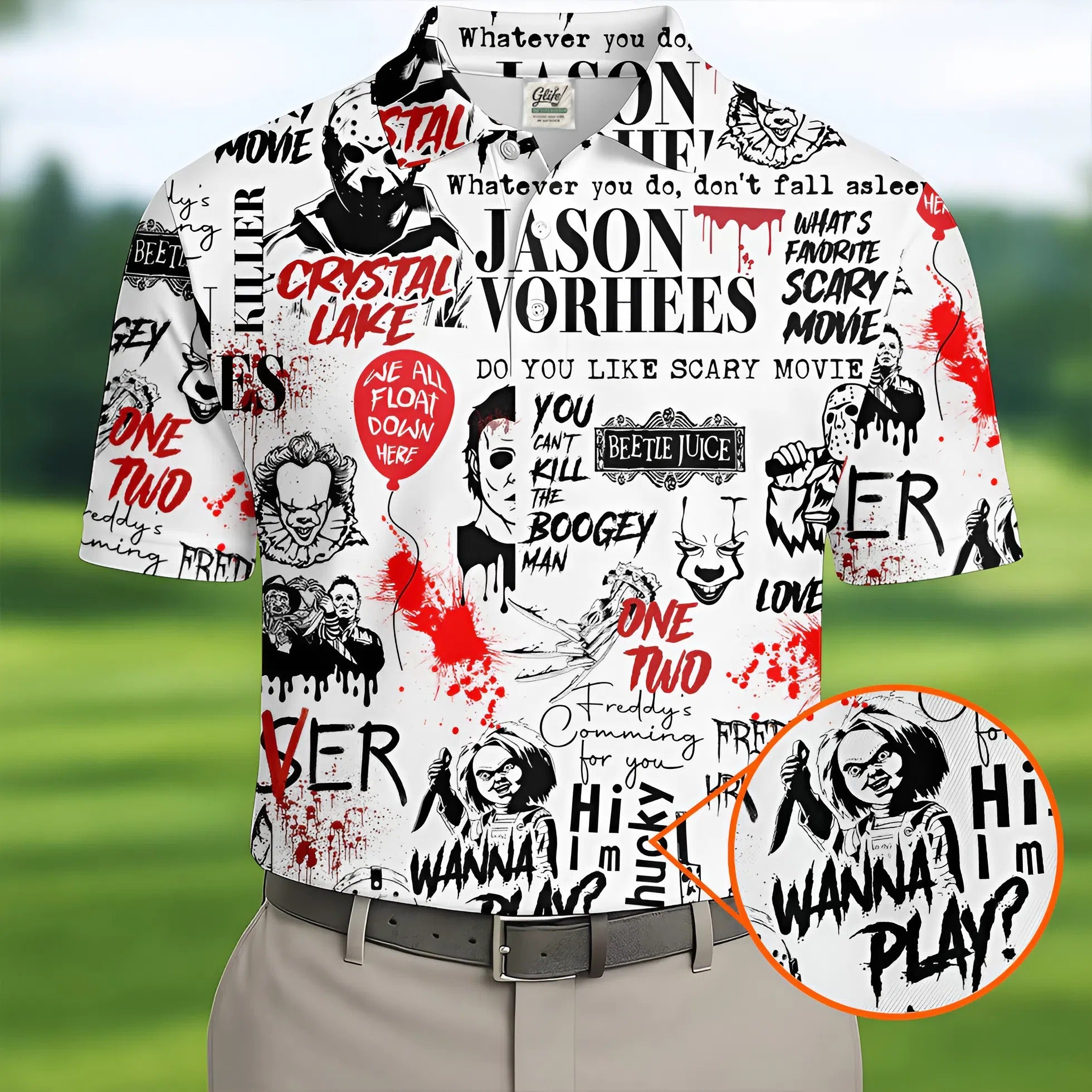 Never Stop Dreaming Halloween Golf Shirt, Mens Funny Golf Shirts, Horror Movie Shirt