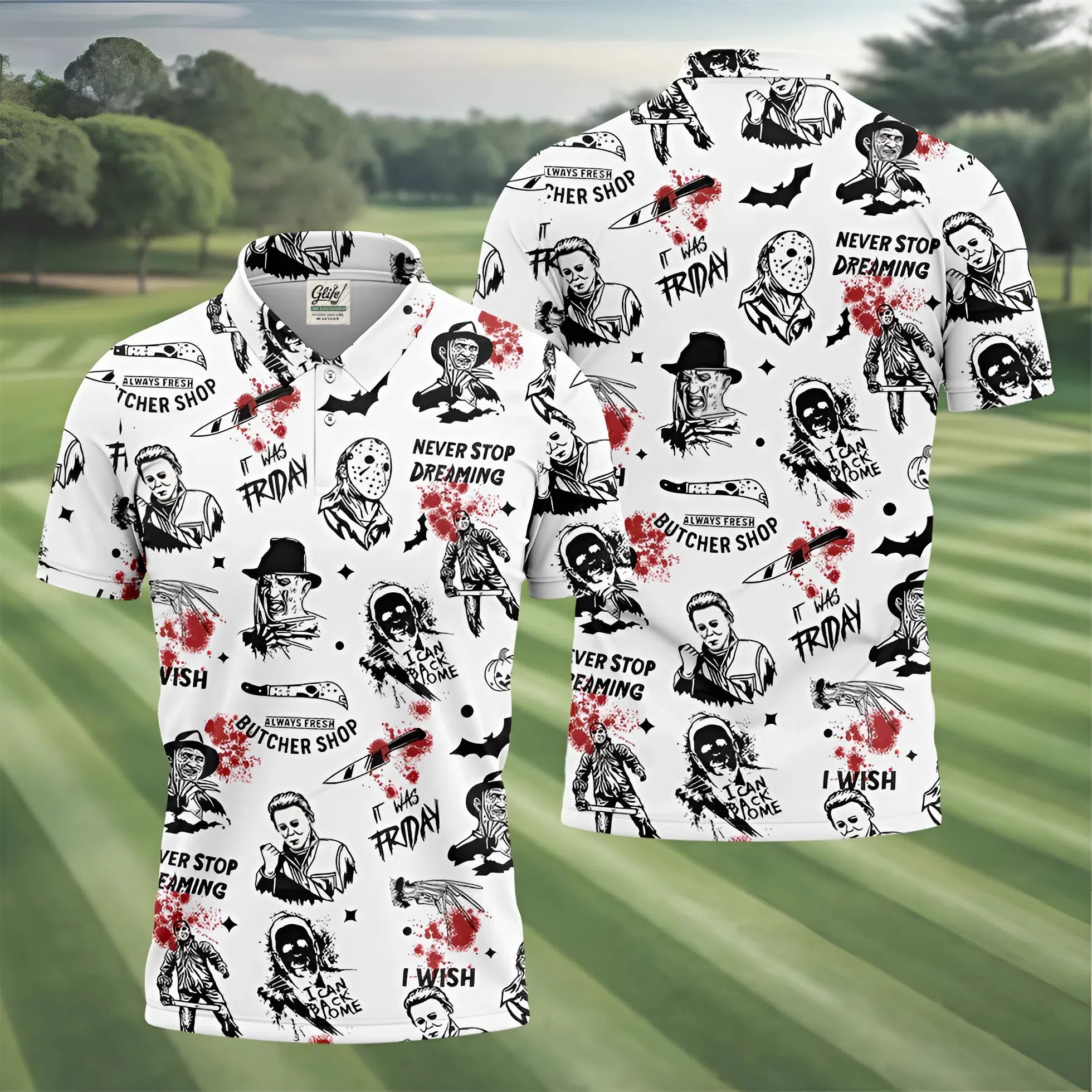 Horror Halloween Character White Golf Shirt, Fun Golf Shirts For Men, Horror Movie Shirt