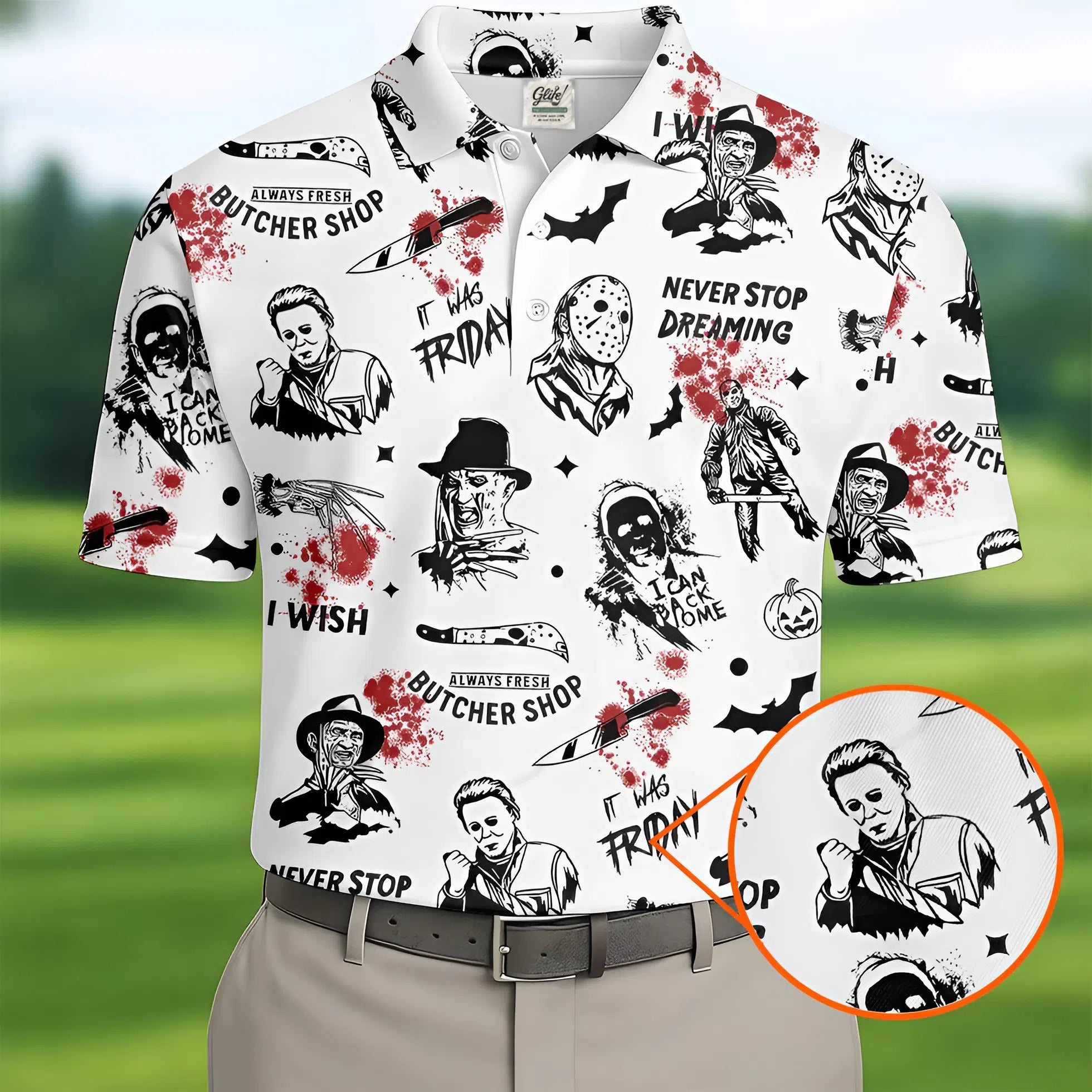 Horror Halloween Character White Golf Shirt, Fun Golf Shirts For Men, Horror Movie Shirt