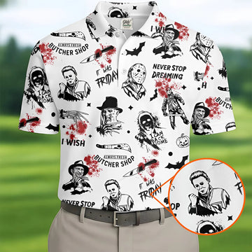 Horror Halloween Character White Golf Shirt, Fun Golf Shirts For Men, Horror Movie Shirt
