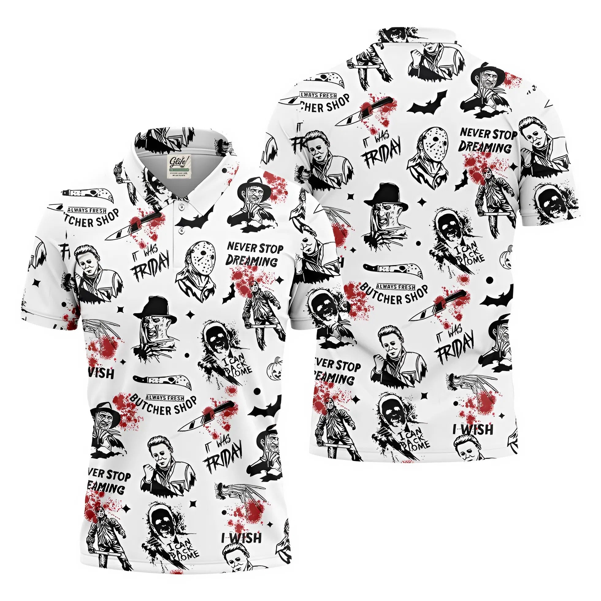 Horror Halloween Character White Golf Shirt, Fun Golf Shirts For Men, Horror Movie Shirt