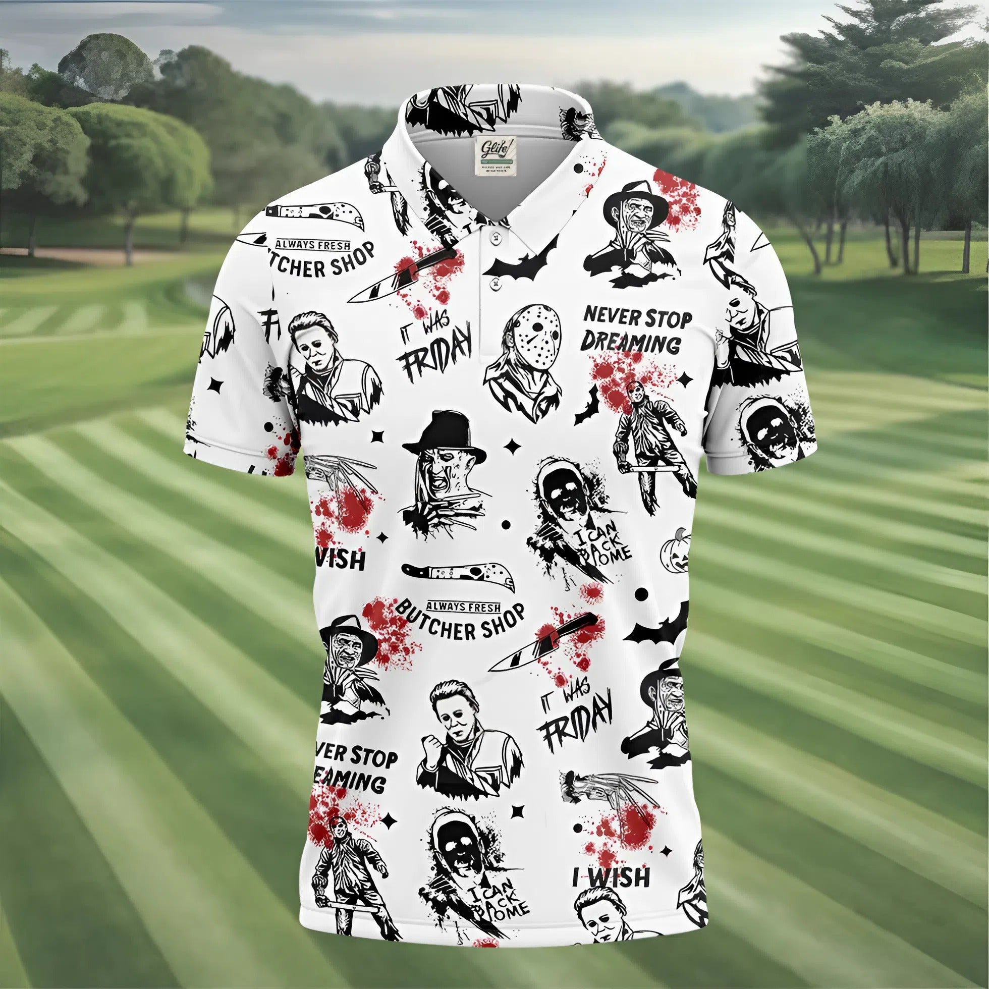 Horror Halloween Character White Golf Shirt, Fun Golf Shirts For Men, Horror Movie Shirt