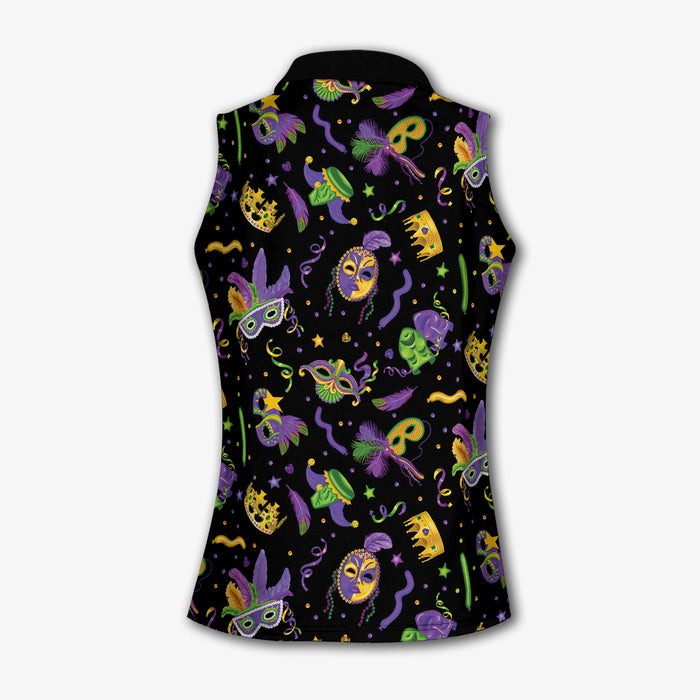 Mardi Gras Golf Sleeveless Polo Shirts Womens, Mardi Gras Black Golf Shirt, Custom Ladies Golf Shirt