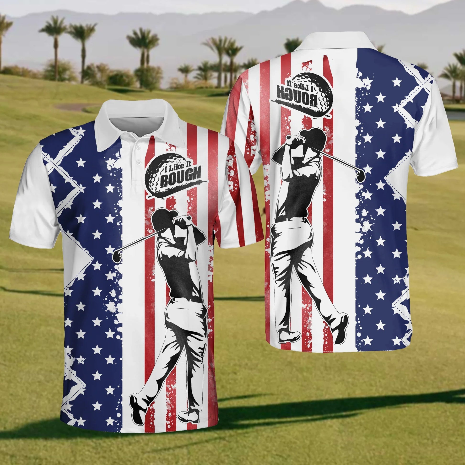 I Like It Rough America Flag Mens Golf Polo Shirt, Mens Golf Gift, Golf Gifts For Golfers