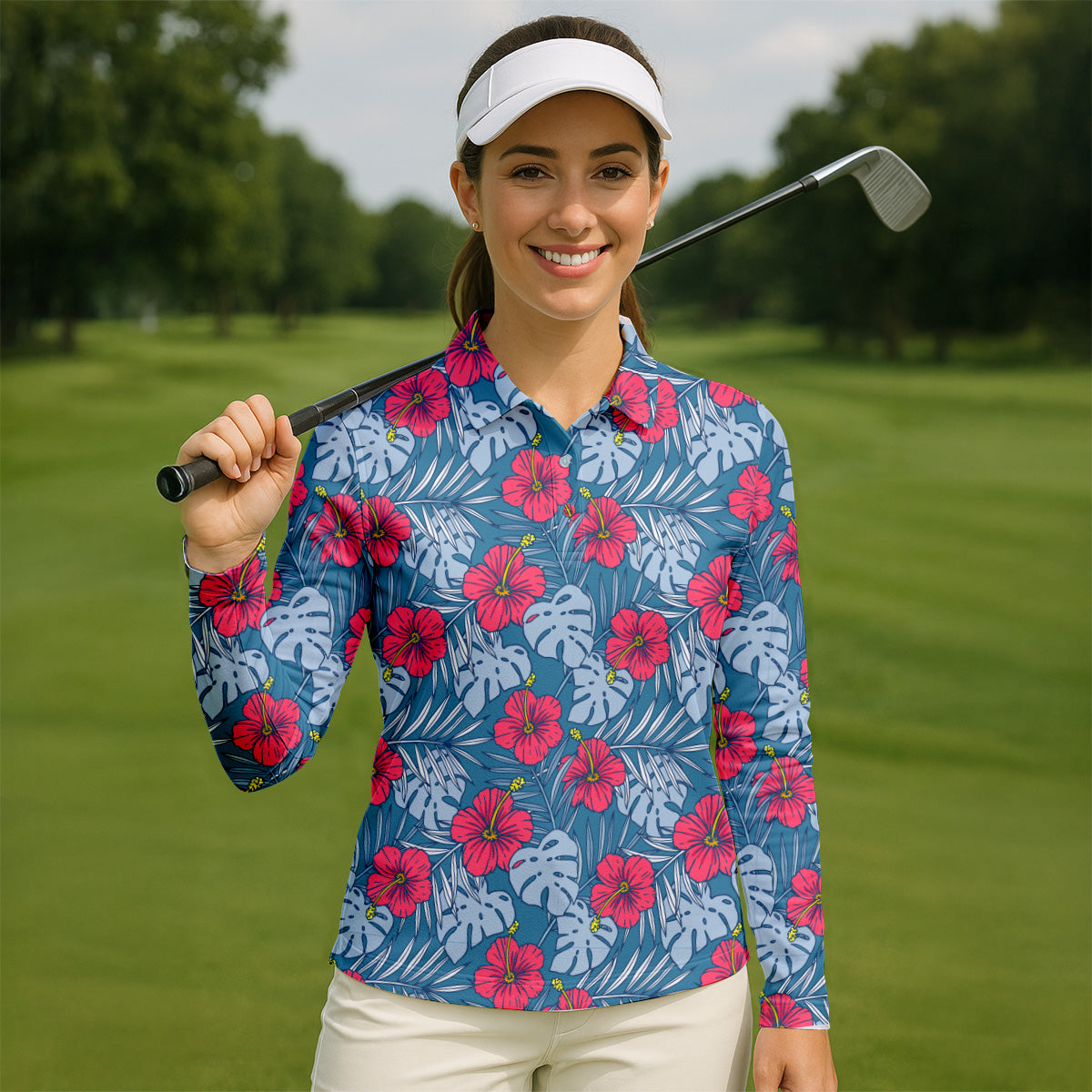 Hibiscus Flower And Leaf Patterned Golf Shirts, Womens Golf Polo Shirts, Tropical Golf Shirts