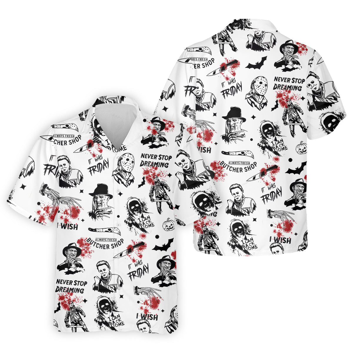 Horror Halloween Character White Golf Shirt, Fun Golf Shirts For Men, Horror Movie Shirt