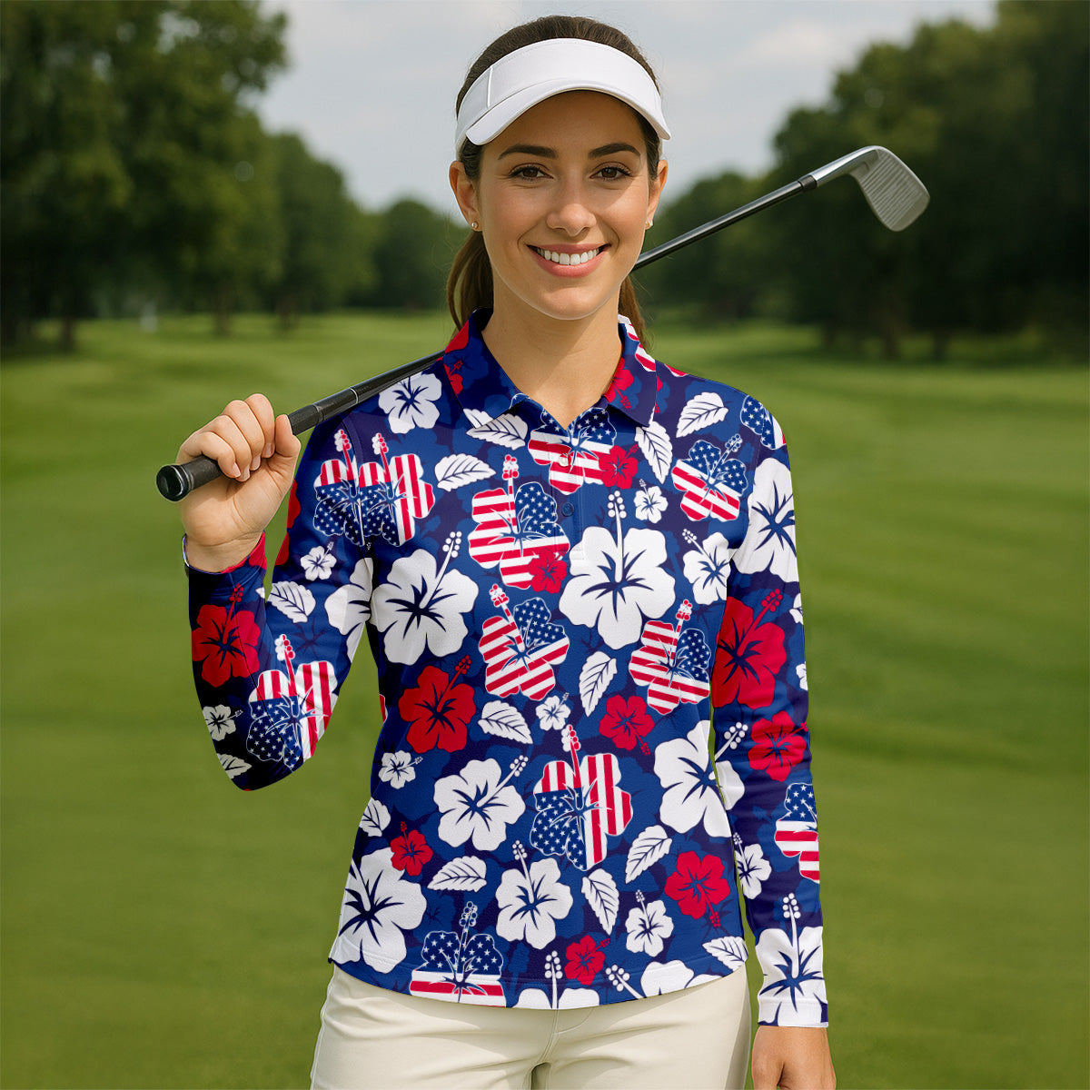 Tropical Hibiscus American Flag Womens Golf Polo Shirt,  Patriotic Golf Shirt, USA Golf Shirt Custom Ladies Golf Shirt