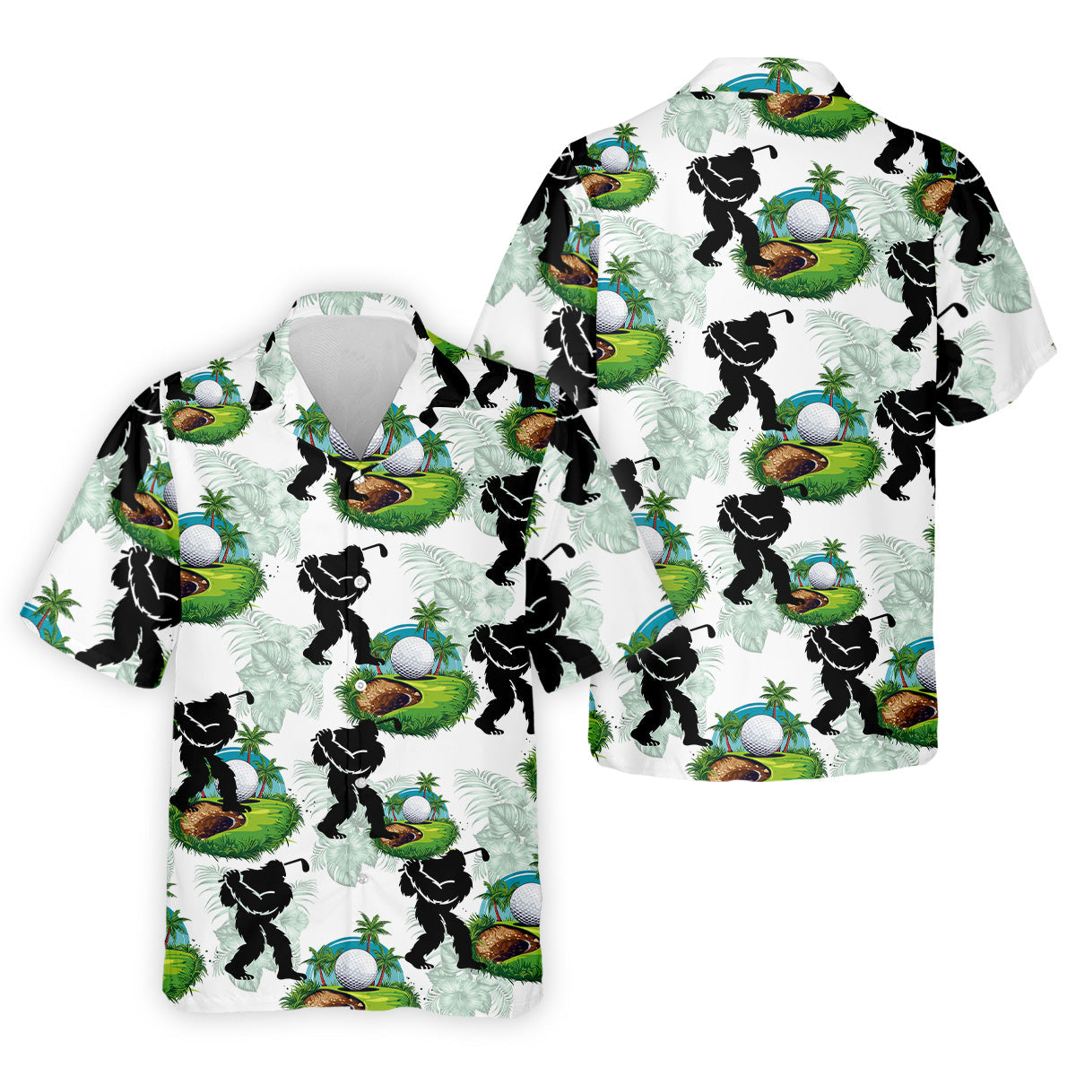 Tropical Golf Cart Bigfoot Golf Shirt, Funny Bigfoot Mens Golf Polo Shirts, Cool Golf Gifts, Golfing Apparel