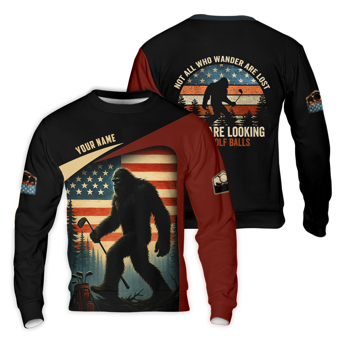 Bigfoot Golf Shirt, Patriotic Golf Polo Shirts, Men's Long Seeve Golf Shirts, Golf Gifts For Men