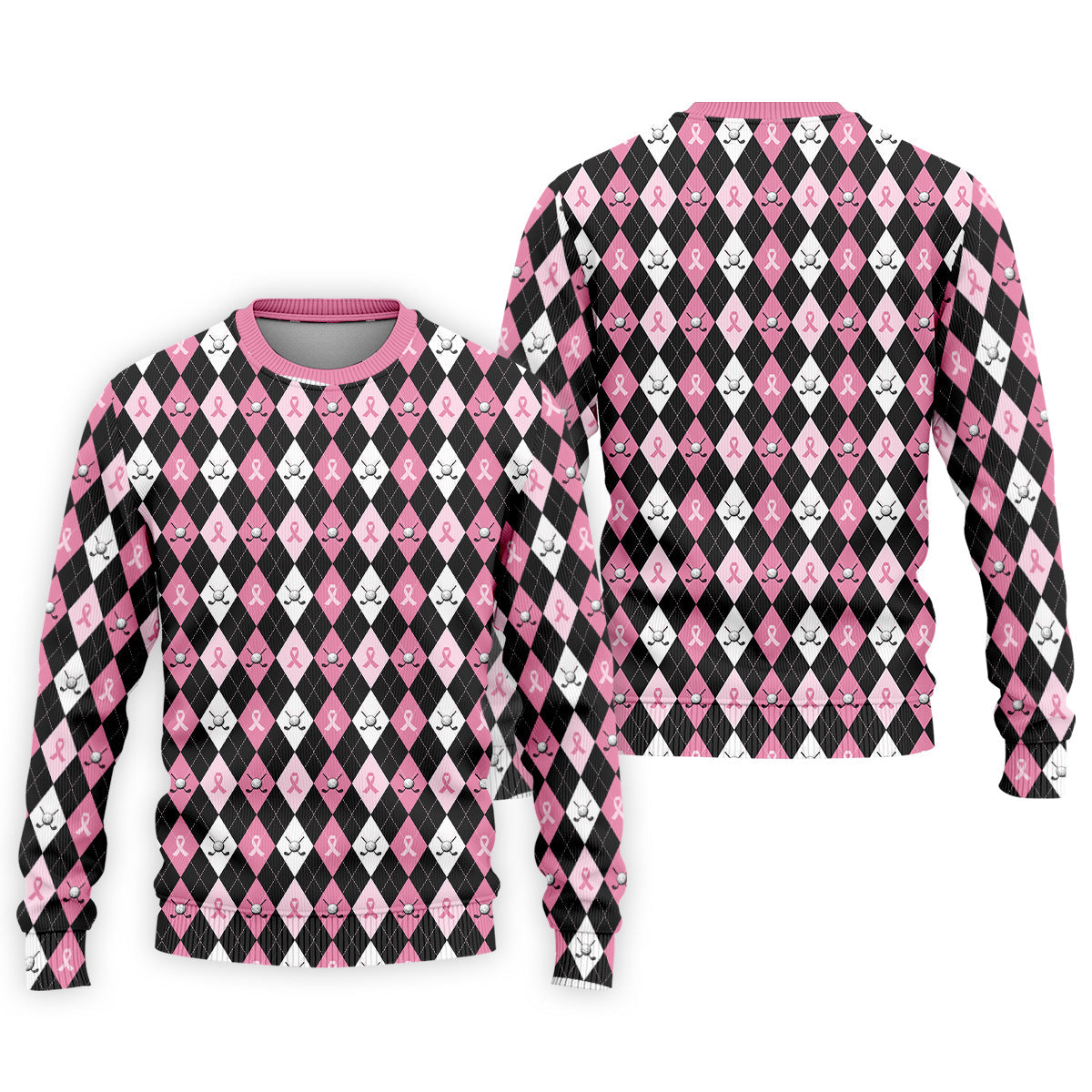 Black Pink Argyle Men's Golf Polo Shirt, Breast Cancer Golf Shirt, Golf Gift For Men, Matching Golf Shirts