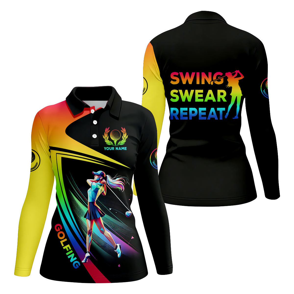 Swing Swear Repeat Personalized Funny Golf Polo Shirt,  Custom Ladies Golf Shirt