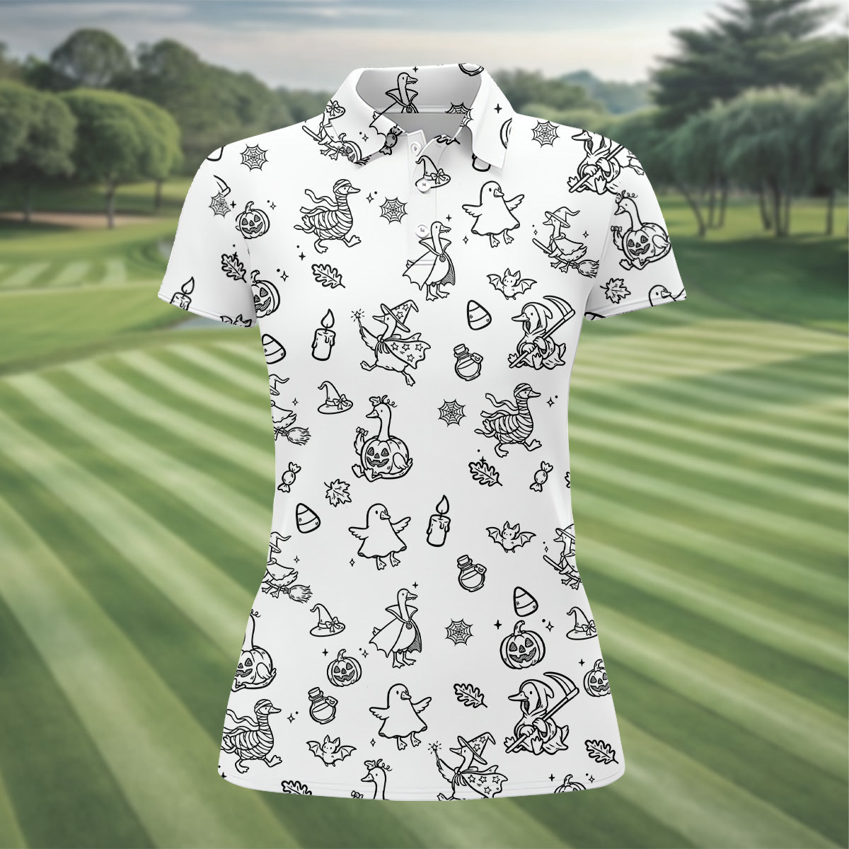 Goose Halloween, Doodle Pattern, Black And White Golf Polo, Sleeveless Womens Golf Shirts, Ladies Golf Shirts