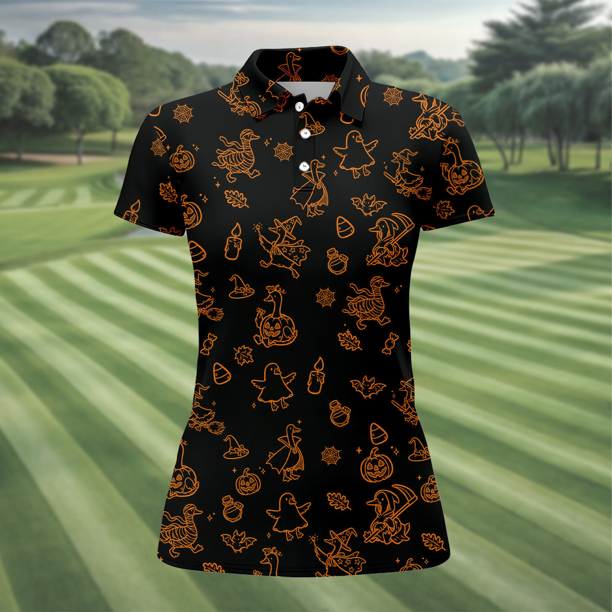 Goose Halloween, Doodle Pattern, Black Orange Golf Polo, Sleeveless Womens Golf Shirts, Ladies Golf Shirts