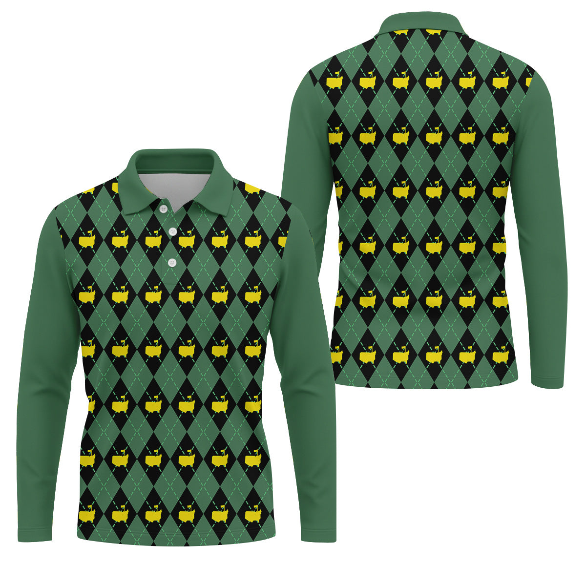 Green and Black Classic Argyle Golf Tops For Men, Mens Golf Polo Shirts, Golfing Apparel
