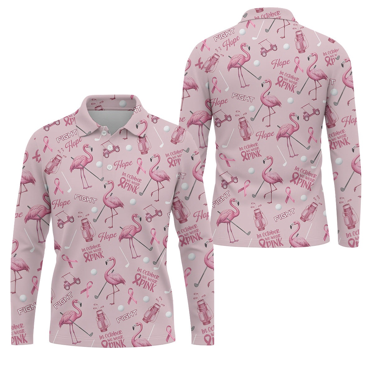 Funny Flamingo Pink Ribbon Men's Polo Shirt, Breast Cancer Awareness Shirt, Golf Shirts For Men