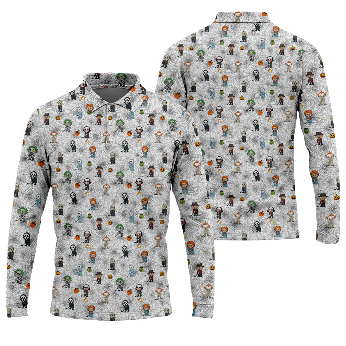 Funny Horror Character White Golf Polo Shirt, Horror Movie Shirt, Halloween Golf Shirt, Fun Golf Polos For Men